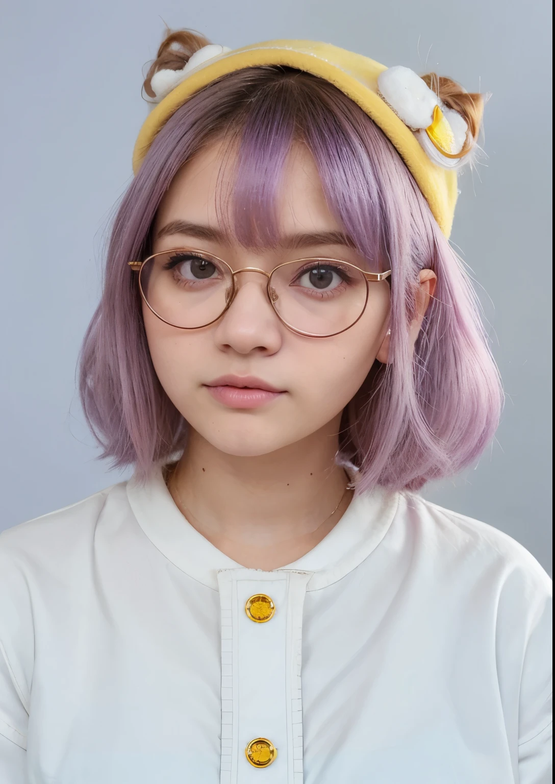 , bonito e fofo, Wearing prescription glasses, jaqueta amarela, moletom branco, baby face, Estilo chibi, cabelos bicolores, lilac and blue;, olhos de detalhe perfeito, rosto delicado, CG perfeito, Qualidade de imagem HD, fundo simples