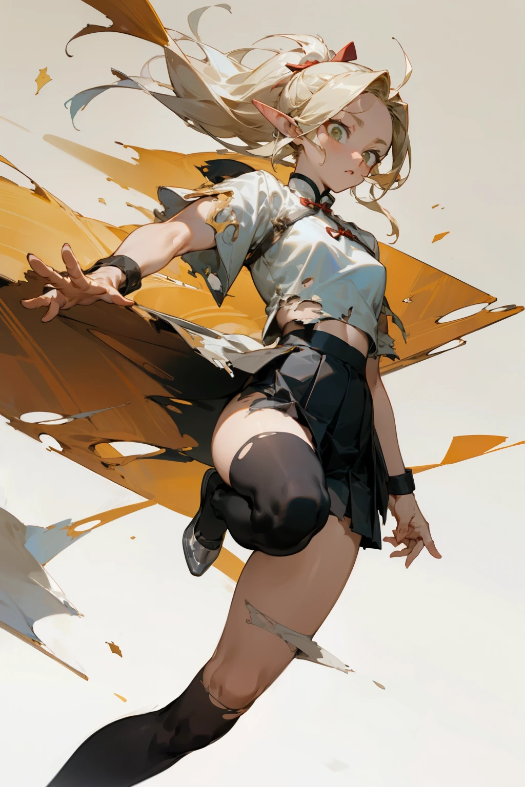 (masterpiece, best quality) detailed, Wearing black tights, silver accessories , pleated skirt,white top,blonde ,elegant, pointed ears ,Chinese element pattern,thigh,漏出thigh,torn clothes