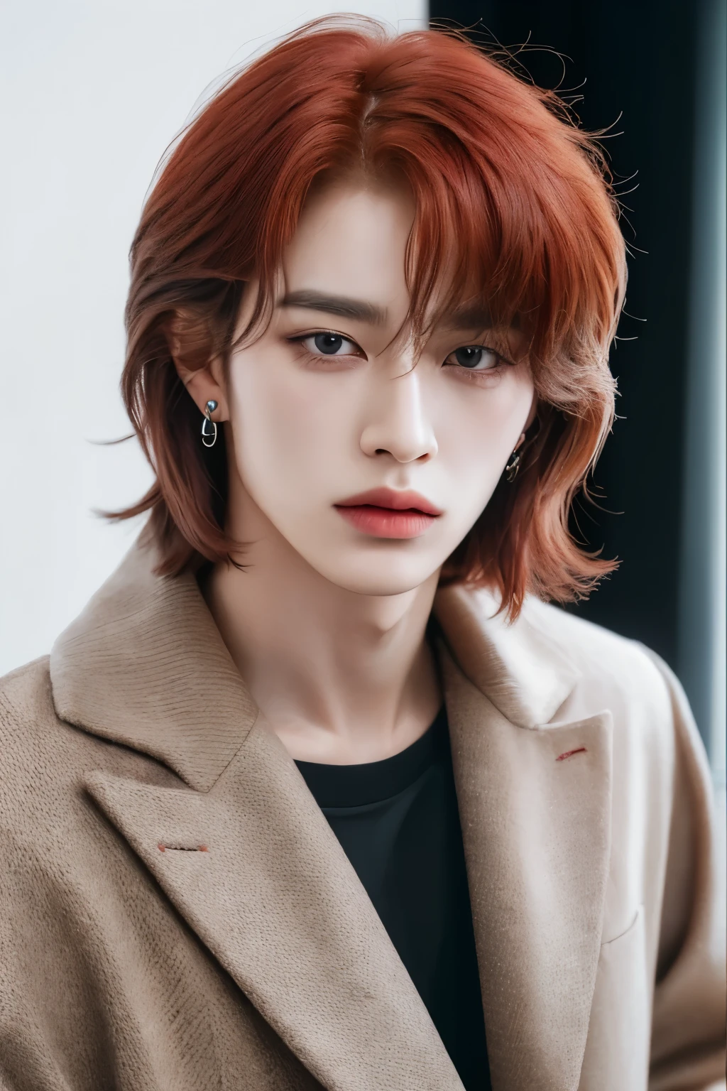master piece, highest quality, High resolution, solo,((Ulzzang)),((bad boy)),sexy look,I can see the whole body,((Is the whole body in the frame?)),((male)),((coat)),(earrings),((sensual eyes)),((Gundam in the background)),,(lens 70mm),((perfect hands)),((Red hair))、Hyunjin、Yves Saint Laurent、medium hair、No makeup