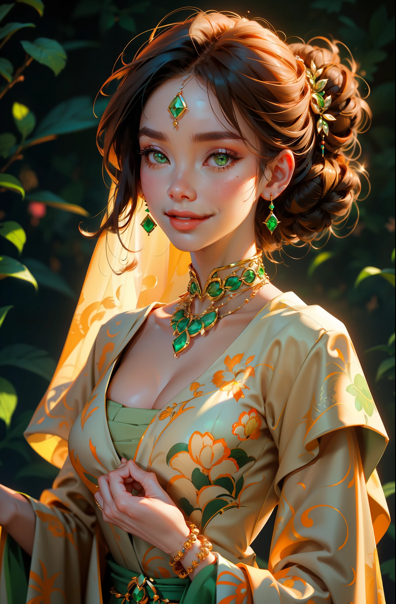 Beautiful mature Asian woman, detailed finger, beautiful hand, hyper realistic, 1 woman, brunette color hair,neatly tied updo hair,emerald green eyes, Super detailed face, Detailed lips, Detailed eyes, Single Eyelids, diamond earrings, chocker, bracelet, Red lips, smile, extravagant jewelry