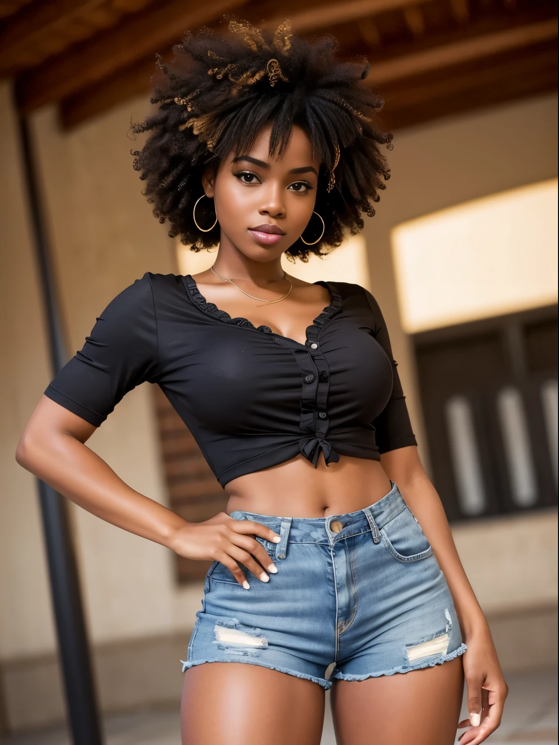 Araffe femme noire ,bouche charnue, chemisier, jean shorts, belle belle femme, jaw dropping beauty, beautiful woman, avec afro, Beautiful and detailed body and face, Curly Afro, curly hair