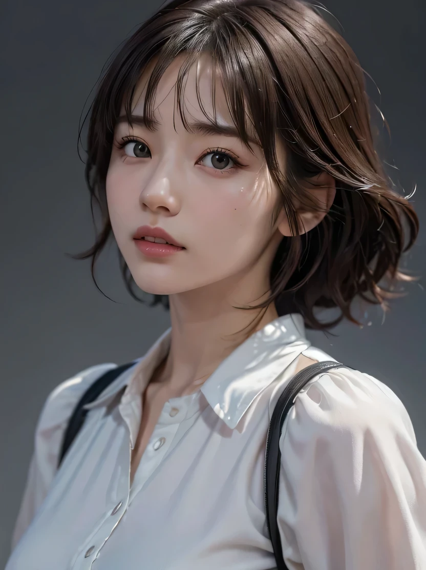 ((masterpiece、highest quality、super detailed、High resolution、sharp focus、cinematic lighting))、(One female、middle shot、face light))、30 years old、small face、no makeup、(fine eyes)、detailed beautiful eyes、bangs、dark brown hair、Boyish short-cut hair、(realistic skin)、beautiful skin、(Detailed garment features)、easy costume、Open white business shirt、middle breast、cool beauty、Detailed hand depiction、gray background、tifa_lockhart