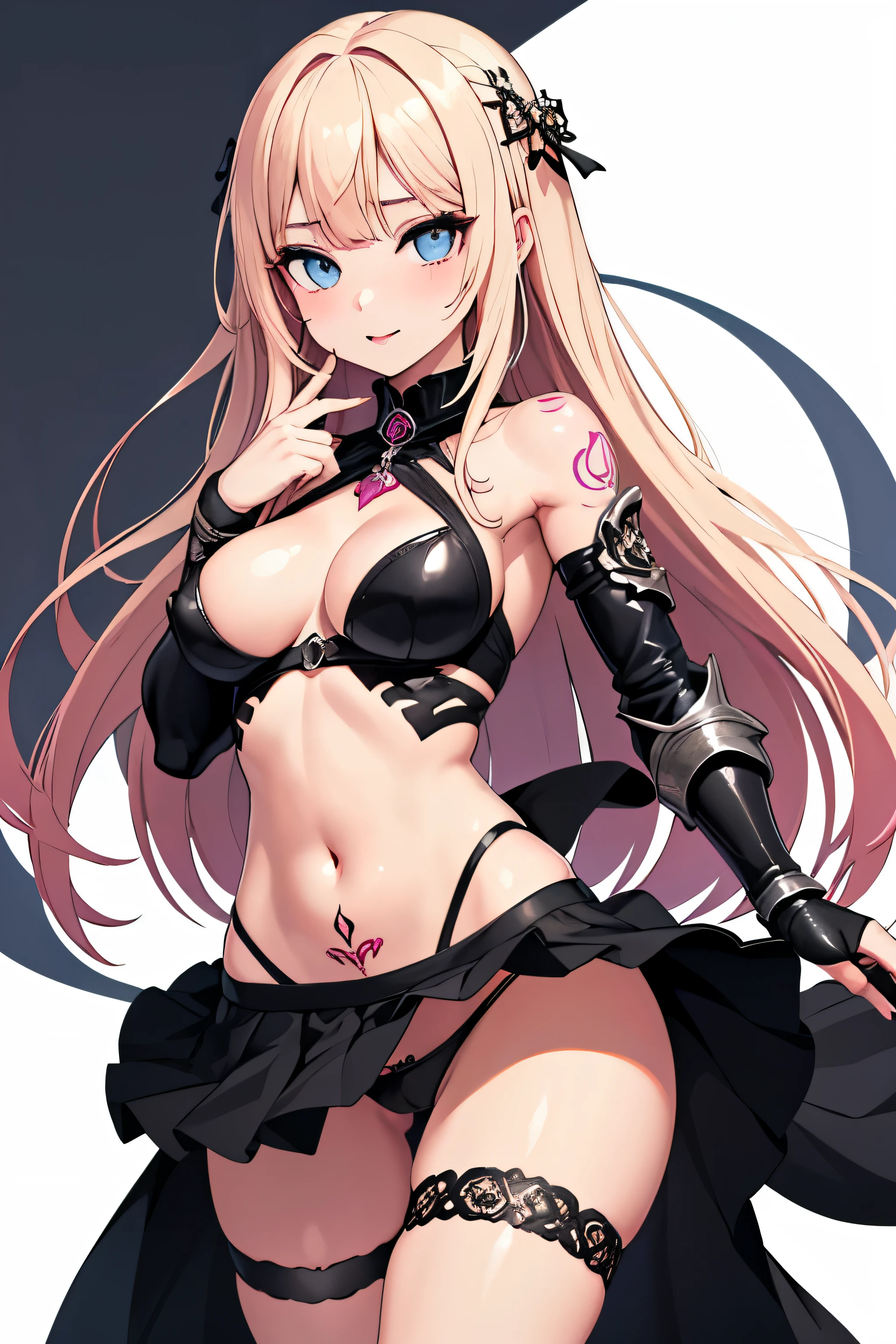 1girl, anime, cute girl, blank background, white background, fantasy, detailed fantasy dress with highlights, beautiful face, beautiful eyes, dark colors, pink hair with some streaks of blue strands, different color pupil in eye, medium small breasts (slightly big), slight cleavage, beautiful skin, cute, breast curtains, extremely delicate and beautiful, (beautiful detailed face:1.0), (detailed deep eyes), symmetrical breasts, deep eyes, shiny skin, portrait, slender waist, hips wider than shoulders, thighs, expressionless, young girl, luminous eyes, adorable，（Kpop idol）,（aegyo sal：1），（Platinum blonde hair：1），（（puffy eye）），Black panty，sexy posture，Superskirt, ultra high resolution，Black collar，slim figure, Abdominal y tattoo, womb tattoo，Tight-fitting leg ring，y tattoo on half-body，Bare skin, Armored hand，Hidden fingertips，Hand covered，Arm covered，Fist covered,{{beautiful detailed fingers}}, tufts of hair, moderate beautiful breast:1.0,