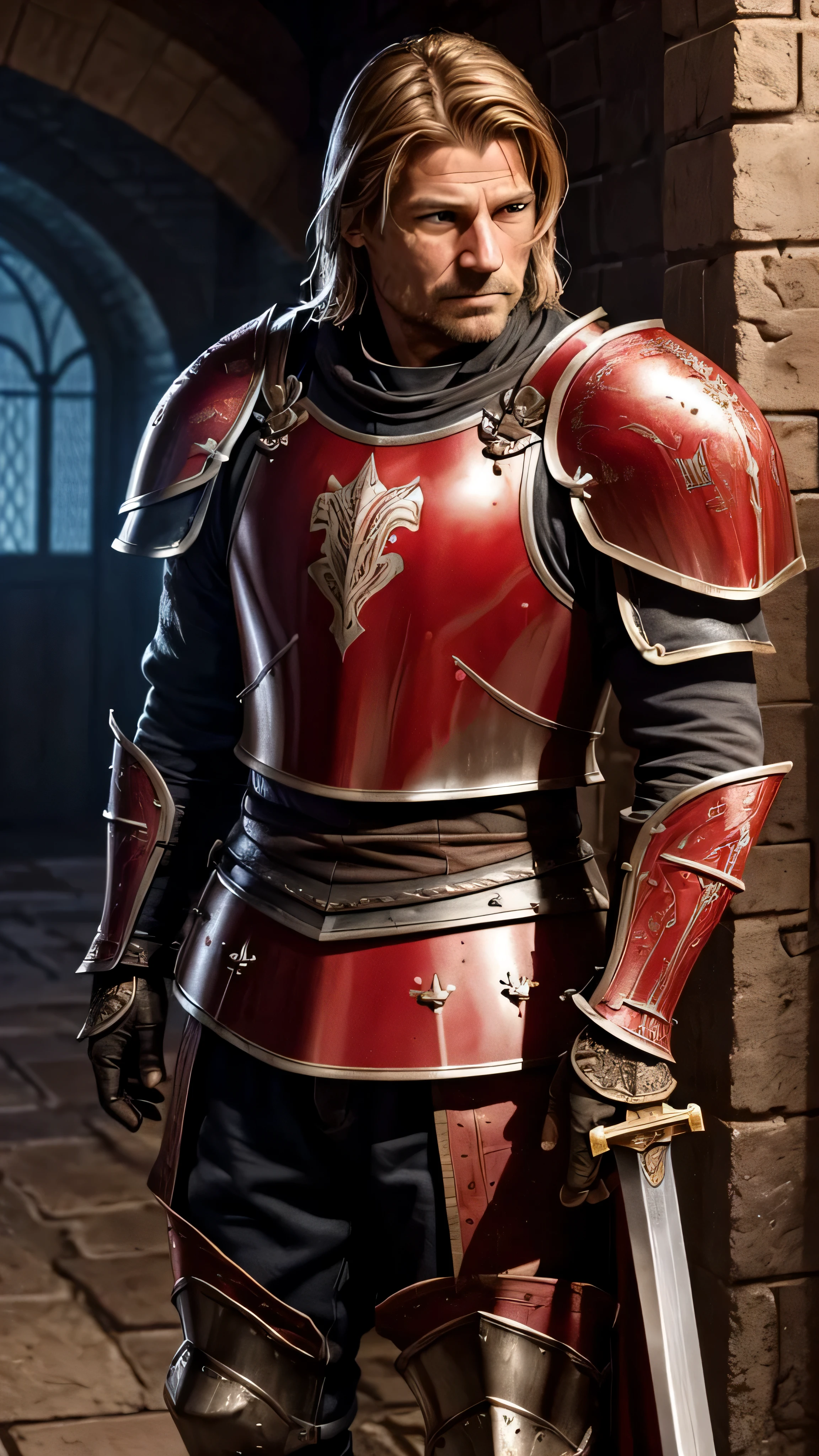 ((Nikolaj Coster-Waldau)) as Jaime Lannister, red knight armor, (big knight sword), standing in a hall, 1man, solo, beautiful detailed glow, detailed, cinematic light, intricate detail, realistic, highres, detailed facial features, high detail, sharp focus, smooth, aesthetic, extremely detailed, stamp, octane render