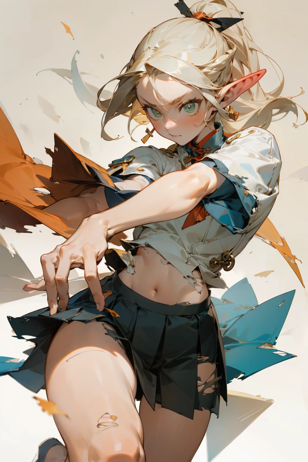 (masterpiece, best quality) detailed,  silver accessories , pleated skirt，white top，blonde ,elegant, pointed ears ，Chinese element pattern，thigh，漏出thigh，torn clothes