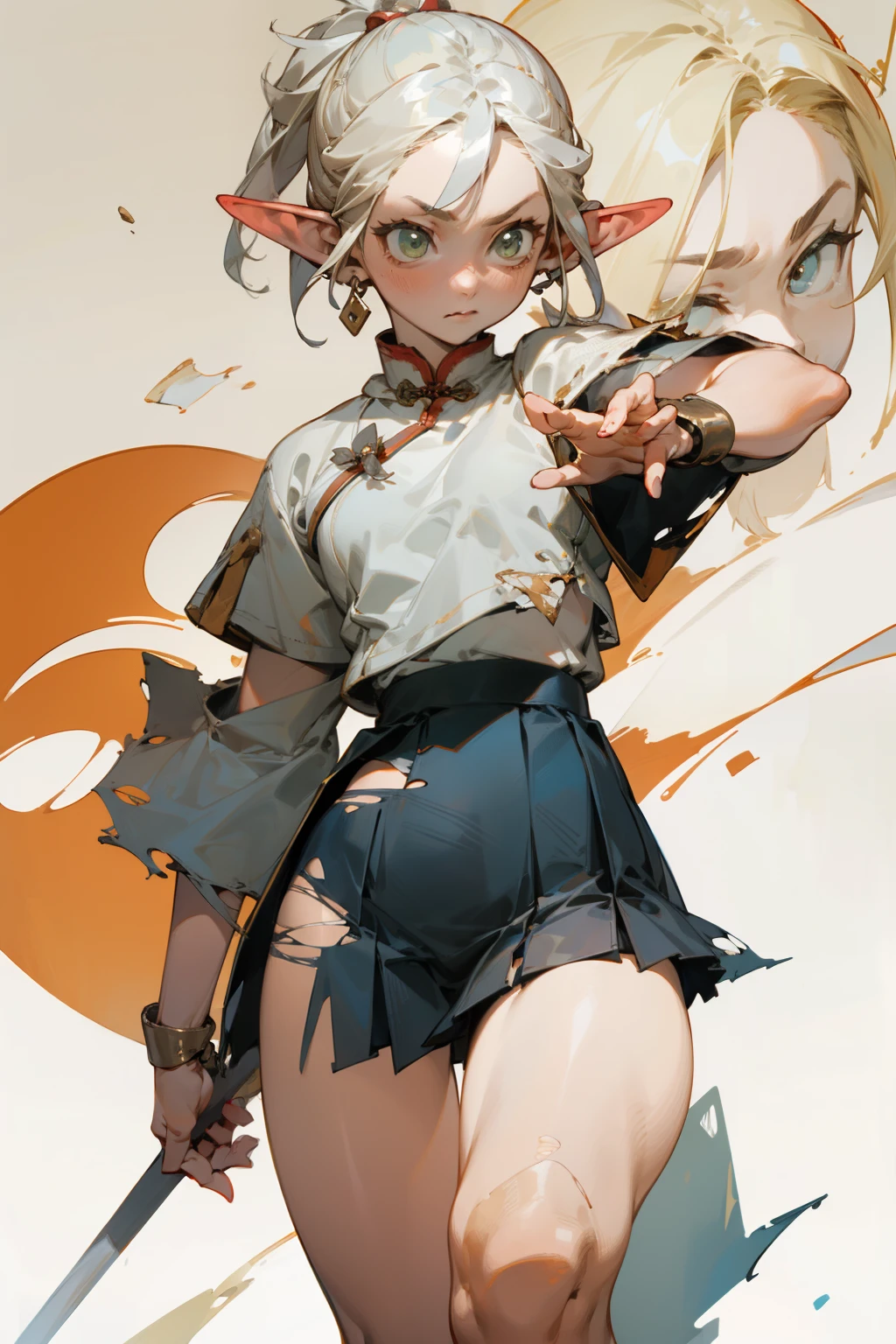 (masterpiece, best quality) detailed,  silver accessories , pleated skirt，white top，blonde ,elegant, pointed ears ，Chinese element pattern，thigh，漏出thigh，torn clothes