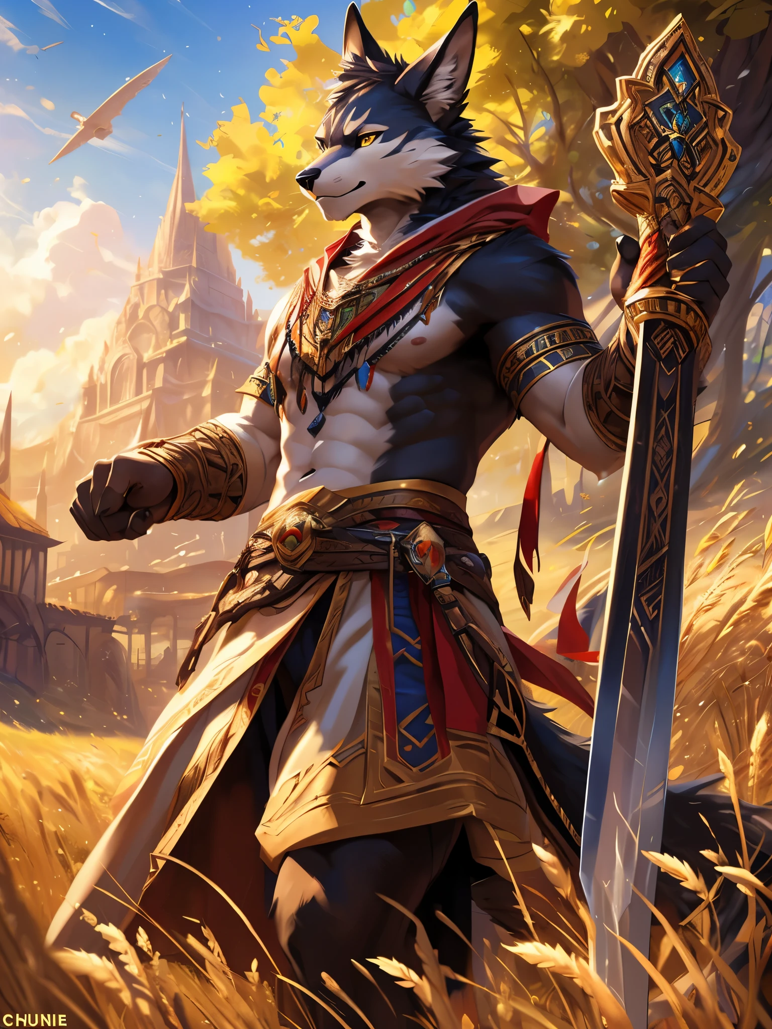 posted on e621, (by Chunie), male, solo, Yellow eyes, (Realistic eye details 1.2), anime character with a sword in a field of wheat, furry fantasy art, anthro art, of anthro Wolf warlock, full art, very very beautiful furry art, tabaxi monk, fantasy card game art, full art illustration, mystical anubis valkyrie, fursona furry art commission, amazing wallpaper, commission for high res, fursona art, furry art, Abstract beauty, ultra detailed face, depth of field, motion blur, high details, high quality, award winning, HD, 16k, (best quality,4k,8k,highres,masterpiece:1.2),ultra-detailed,realistic:1.37,HDR,UHD,studio lighting,extreme detail description,professional,vivid colors,bokeh,lively atmosphere, natural lighting