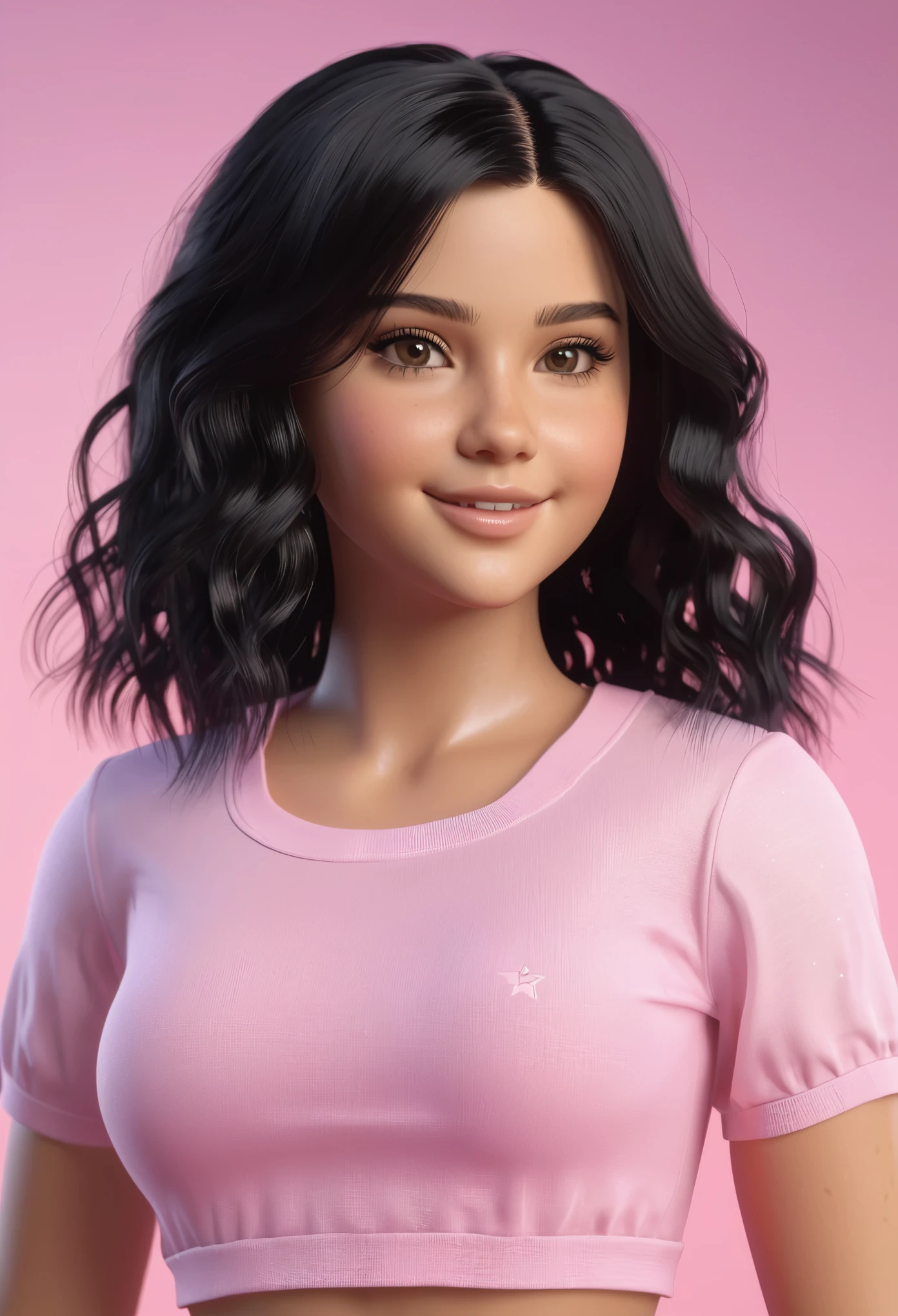 American girl of 18, video gamer, wearing translucent short T-shirt, black hair, ((blush: 0.8)), natural skin texture, 4K textures, highly detailed, insane details, faint colors , ((long wavy hair)), ((smile on face: 0.4)), (no panties: 0.2), ((looking directly at the camera)), ((tilted head: 0.8 )), ((small breasts:1)).  