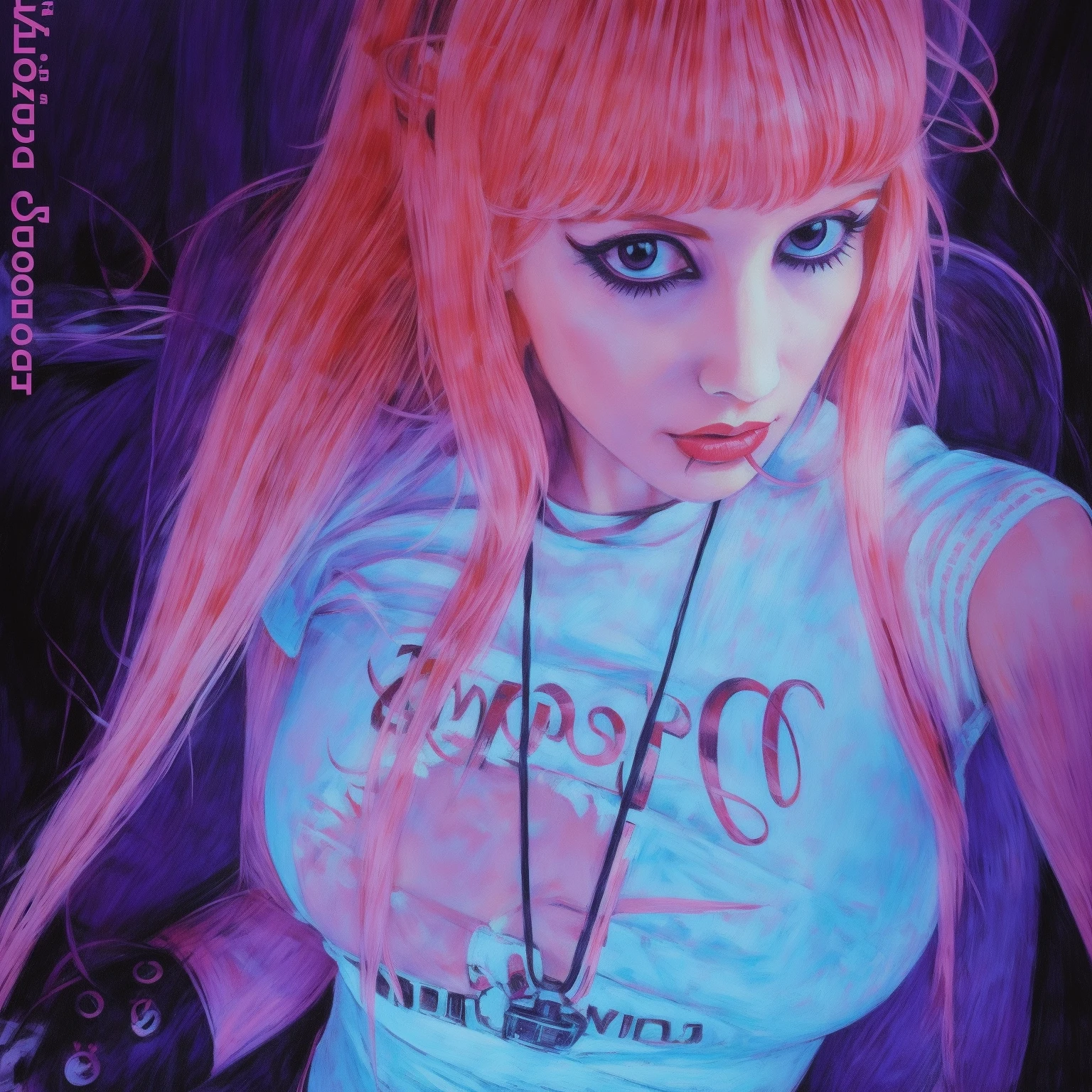 arafed woman con cabello rosado and a blue shirt sitting in a car, Cabello rosado y ojos cian., pelo liso rosa, long pelo de chicle, punk doll, con cabello rosado, bella delfina, pelo largo y rosa, linda chica con pelo corto rosa, vestido con ropa crustpunk, hermosa mujer punk, chica de escena, pelo de chicle