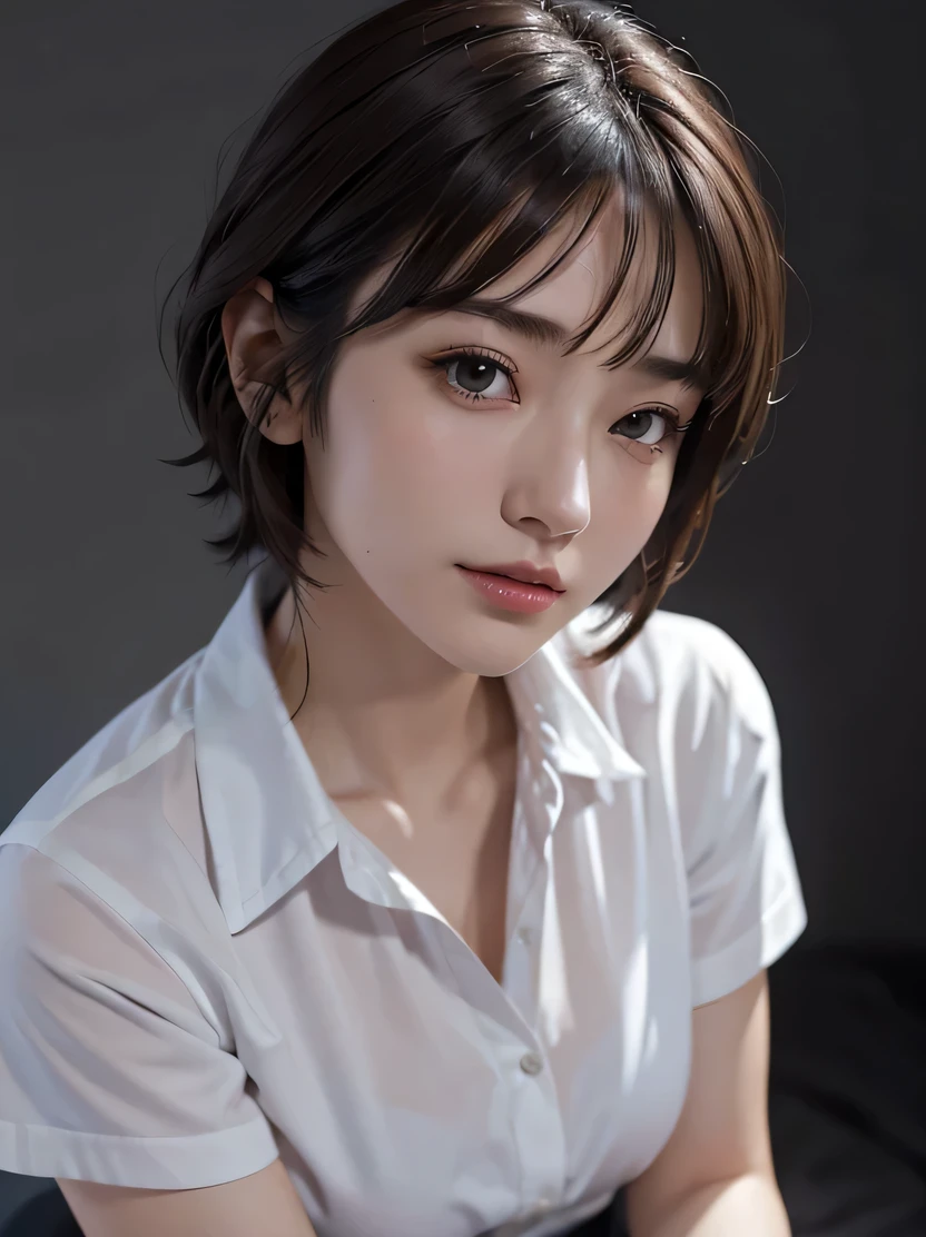 ((masterpiece、highest quality、super detailed、High resolution、sharp focus、cinematic lighting))、(One female、middle shot、face light))、30 years old、small face、no makeup、(fine eyes)、detailed beautiful eyes、bangs、dark brown hair、Boyish short-cut hair、(realistic skin)、beautiful skin、(Detailed garment features)、easy costume、open black business shirt、middle breast、cool beauty、Detailed hand depiction、gray background、tifa_lockhart