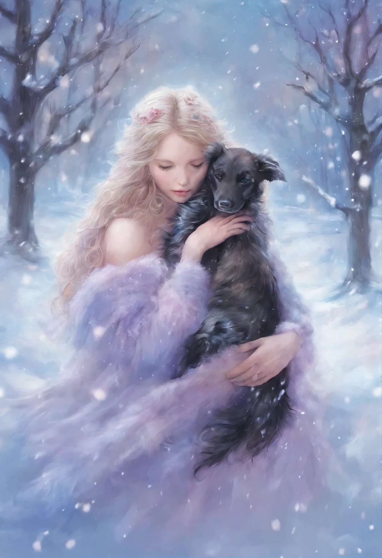 cuddling, the heart is crying, girls, snow, winter, girl hugging a dog