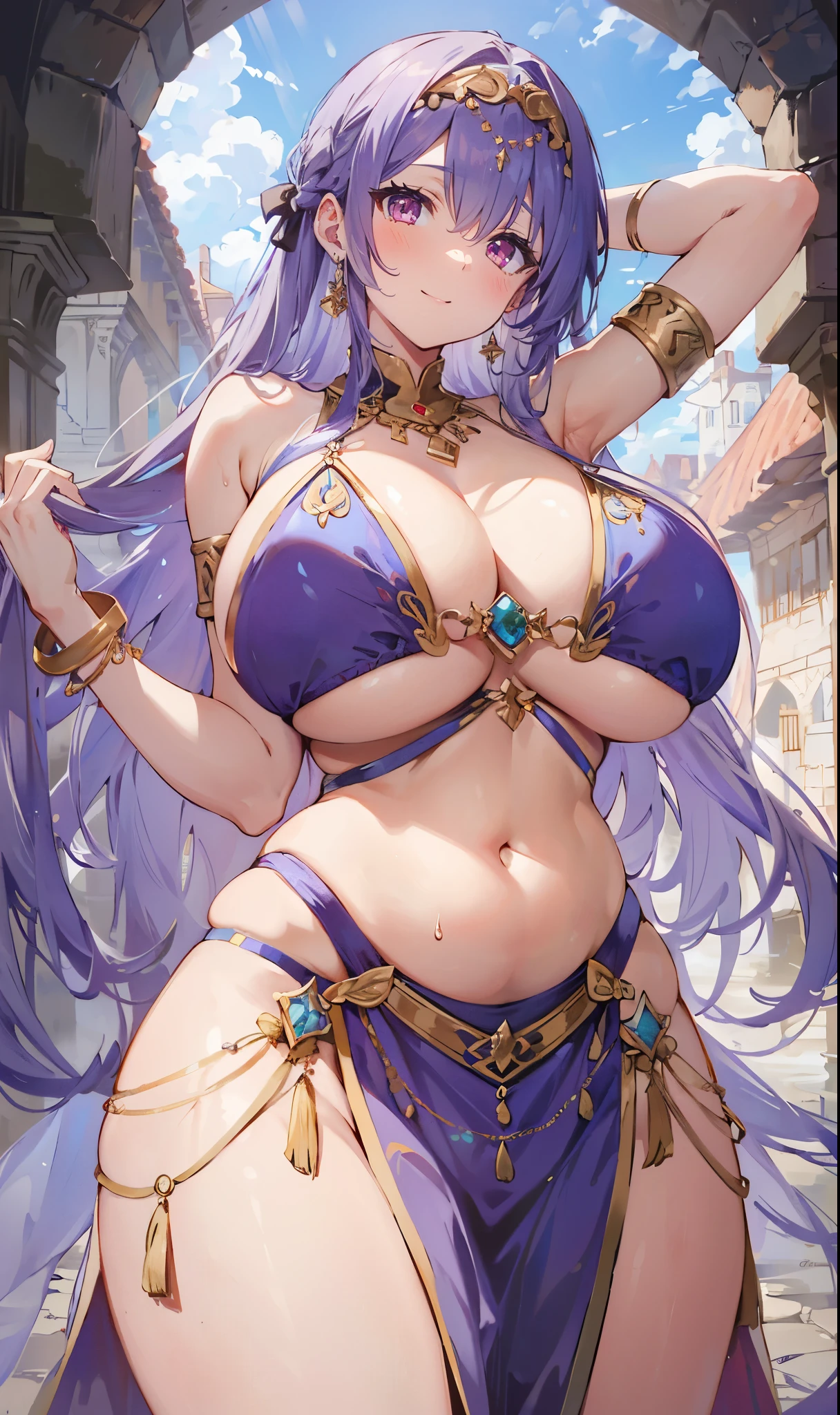 high quality, ultra detailed, best quality, insanely detailed, beautiful, masterpiece, 1girl, plaza, medieval Europe, cowboy shot, red eyes, long hair, light purple hair, (belly dancer, harem outfit, pelvic curtain:1.2), purple costume, bare legs, circlet, earrings, armlets, bracelets, bashful smile, dancing, large breasts, cleavage, soft stomach