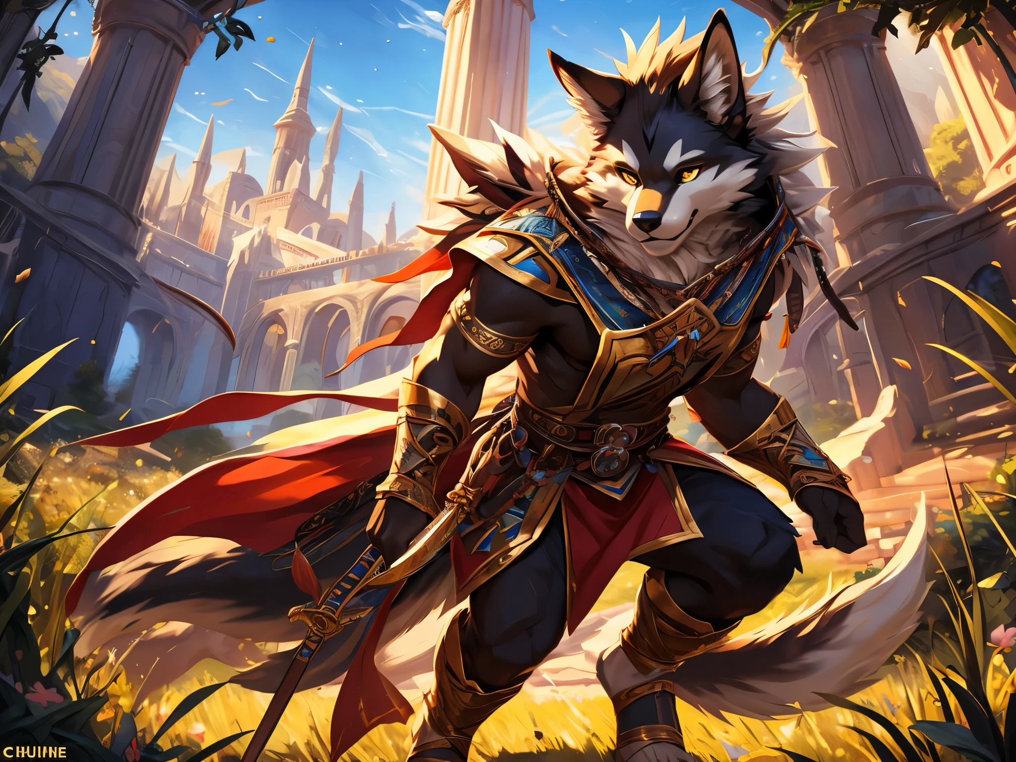 posted on e621, (by Chunie), male, solo, Yellow eyes, (Realistic eye details 1.2), anime character with a sword in a field of wheat, furry fantasy art, anthro art, of anthro Wolf warlock, full art, very very beautiful furry art, tabaxi monk, fantasy card game art, full art illustration, mystical anubis valkyrie, fursona furry art commission, amazing wallpaper, commission for high res, fursona art, furry art, Abstract beauty, ultra detailed face, depth of field, motion blur, high details, high quality, award winning, HD, 16k, (best quality,4k,8k,highres,masterpiece:1.2),ultra-detailed,realistic:1.37,HDR,UHD,studio lighting,extreme detail description,professional,vivid colors,bokeh,lively atmosphere, natural lighting