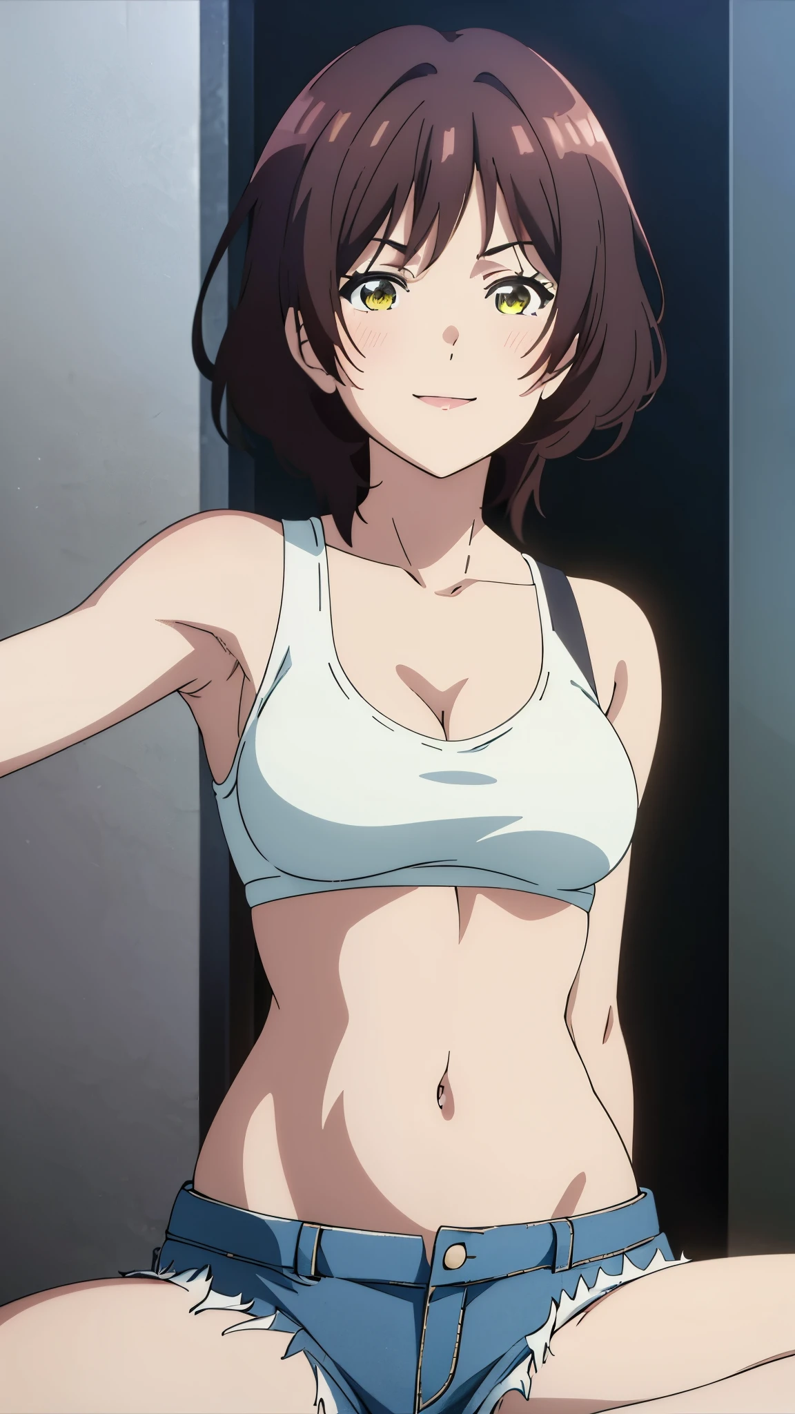 masterpiece, anime artstyle, highres, solo, 8k, detailed, perfect face, (ultra high quality), looking viewers, armpit, medium breast, cleavage, dark brown hair, short hair, lime eyes, belly, stomach, navel, crop tanktop, denim short, mini short, slim body, smile, blush, thigh, at gym