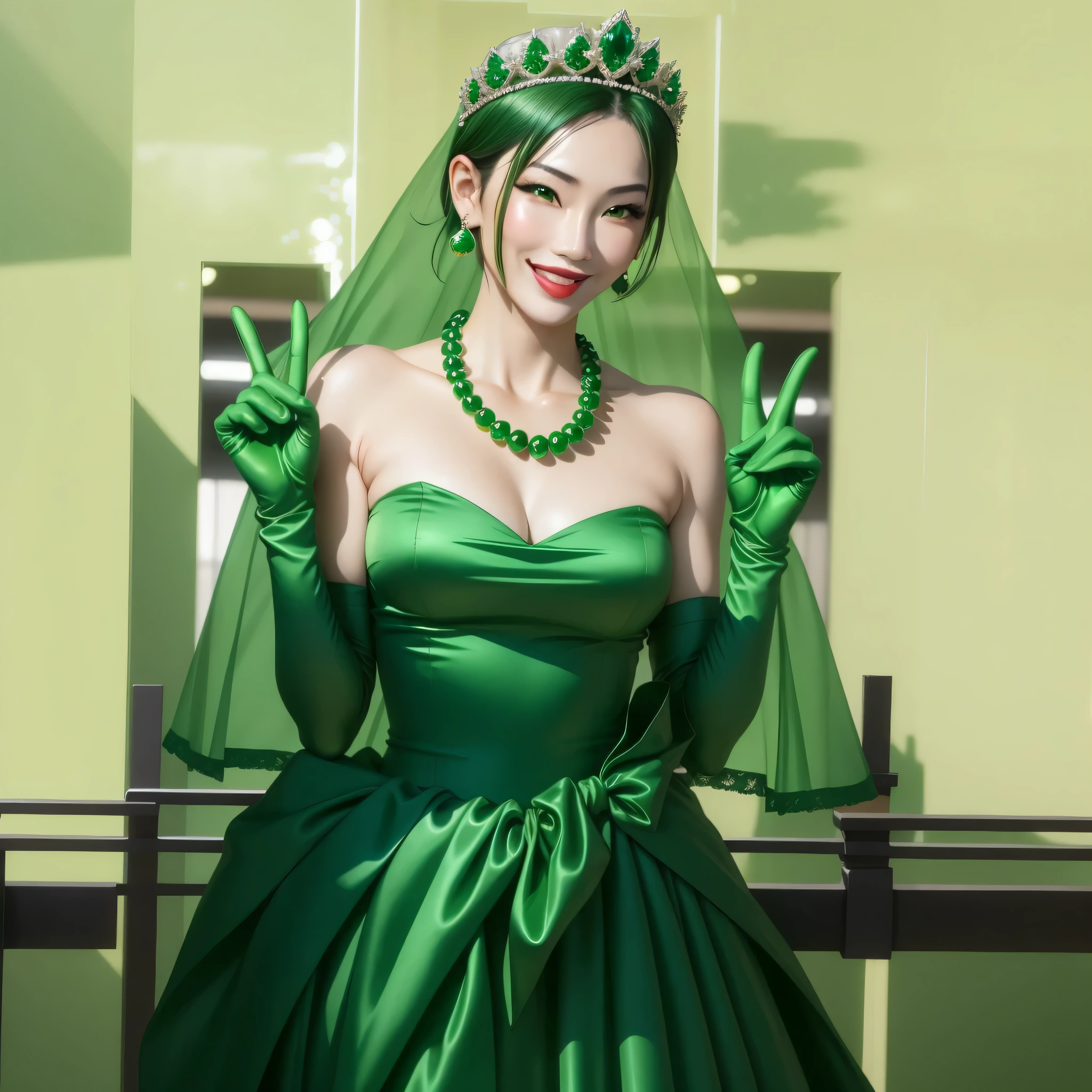 Beautiful Japan woman in her 30s， finger details， beautiful hands，emerald tiara, Green Pearl Necklace, Boyish green berry short hair, lipstick, smiling Japanese woman, very short hair, big breasts beautiful, green eyes, green satin long gloves, green eyes, emerald earrings, Green veil, v sign