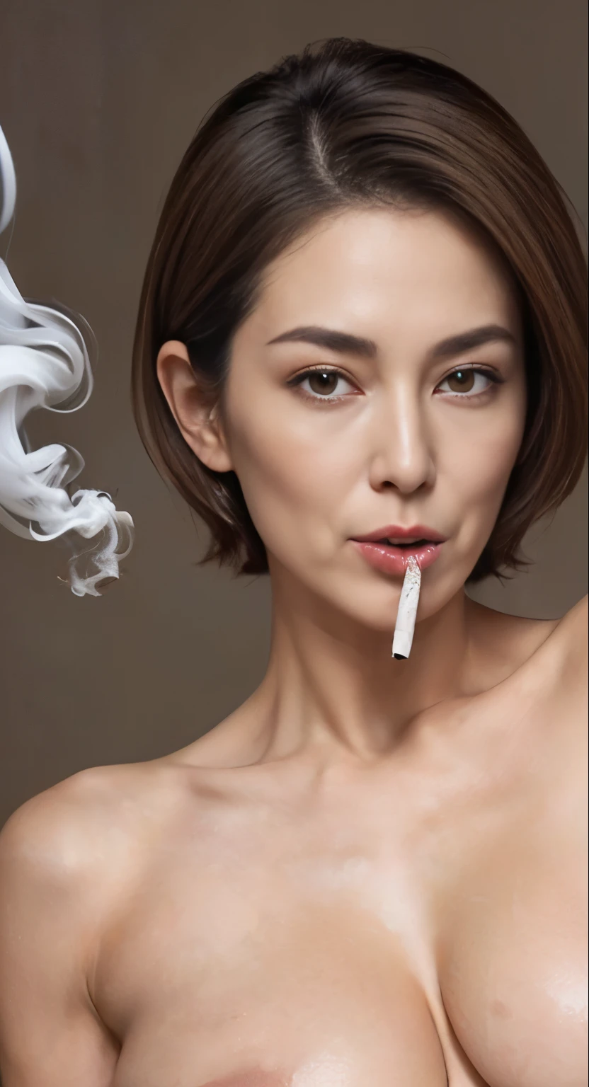 High resolution, High level image quality, high detail, masterpiece, rough skin, anatomically correct, sharp, gray background((japanese mature, 70 years old)), alone, ((facial wrinkles)), (((((good shape big breasts, light brown short hair, )))))、(((椅子に全nakedで斜めに座る、 facing the center of the screen.))), Open your mouth and stare straight ahead with a serious face., ((cowboy shot)),slim abs、thighs、full body portrait、big cleavage、(((((large dark erect nipples)))))、(((naked)))、(((((((Put the realistic cigarette in your mouth and smoke it、))))))、(((((Realistic smoke coming from the tip of a cigarette、)))))、((((slender body))))、(((((Put your arms on the top of your head、))))