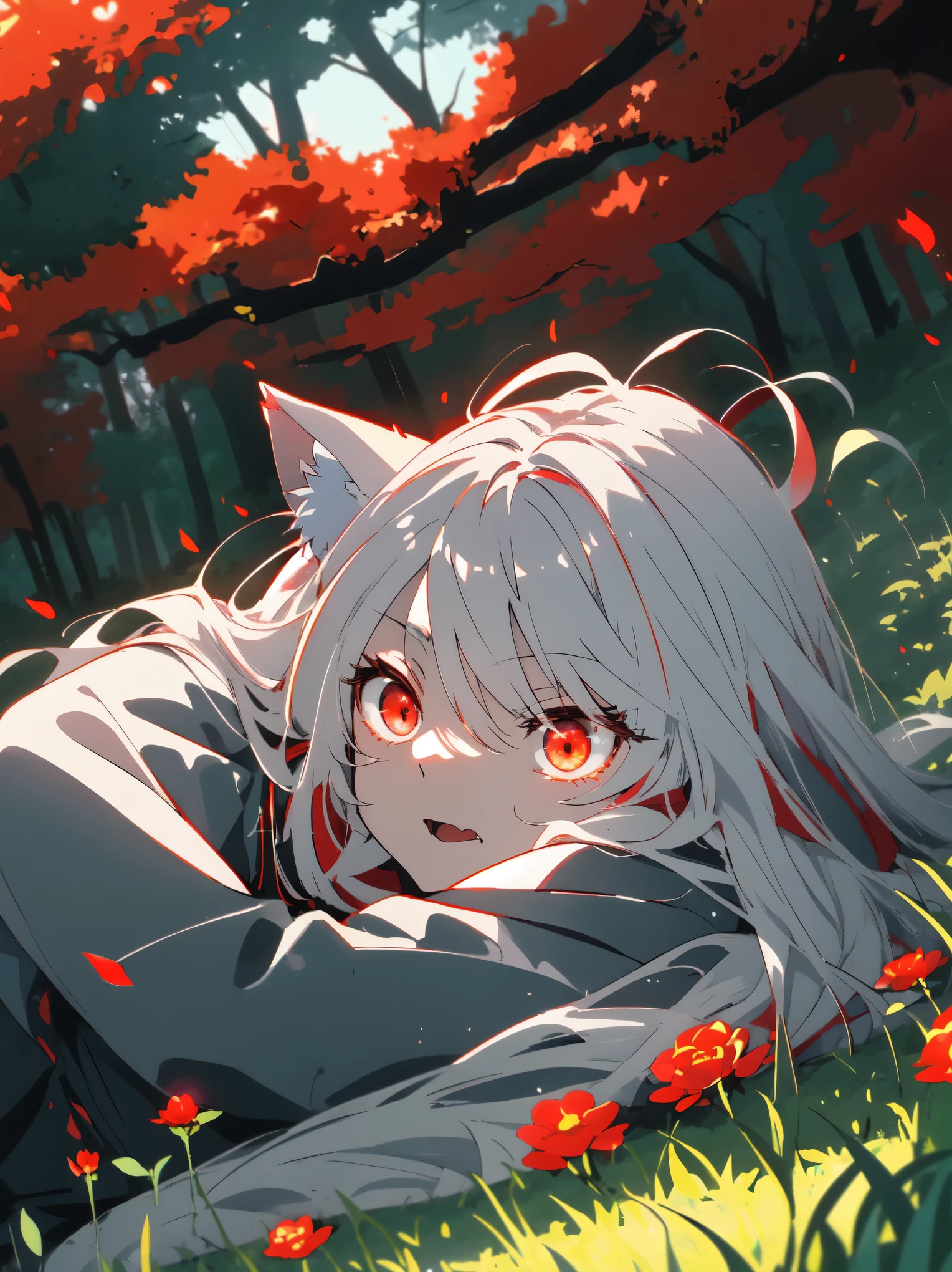((highest quality、masterpiece、glowing red eyes、be familiar with))、beautiful face、white cat ears、long gray hair、red cheongsam、Sitting anime style 、yawning、(sleeping curled up in the grass)、Bright day、in the forest、beautiful anime、nature background