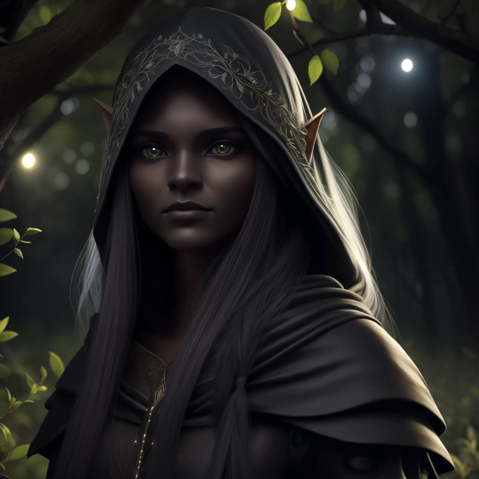 Elfo escuro bonito, cara bonita, corpo bonito, cabelos pretos, usando armadura preta, Cabo Preto, em uma floresta, At night, 8K, extremamente detalhado, ultra realistic