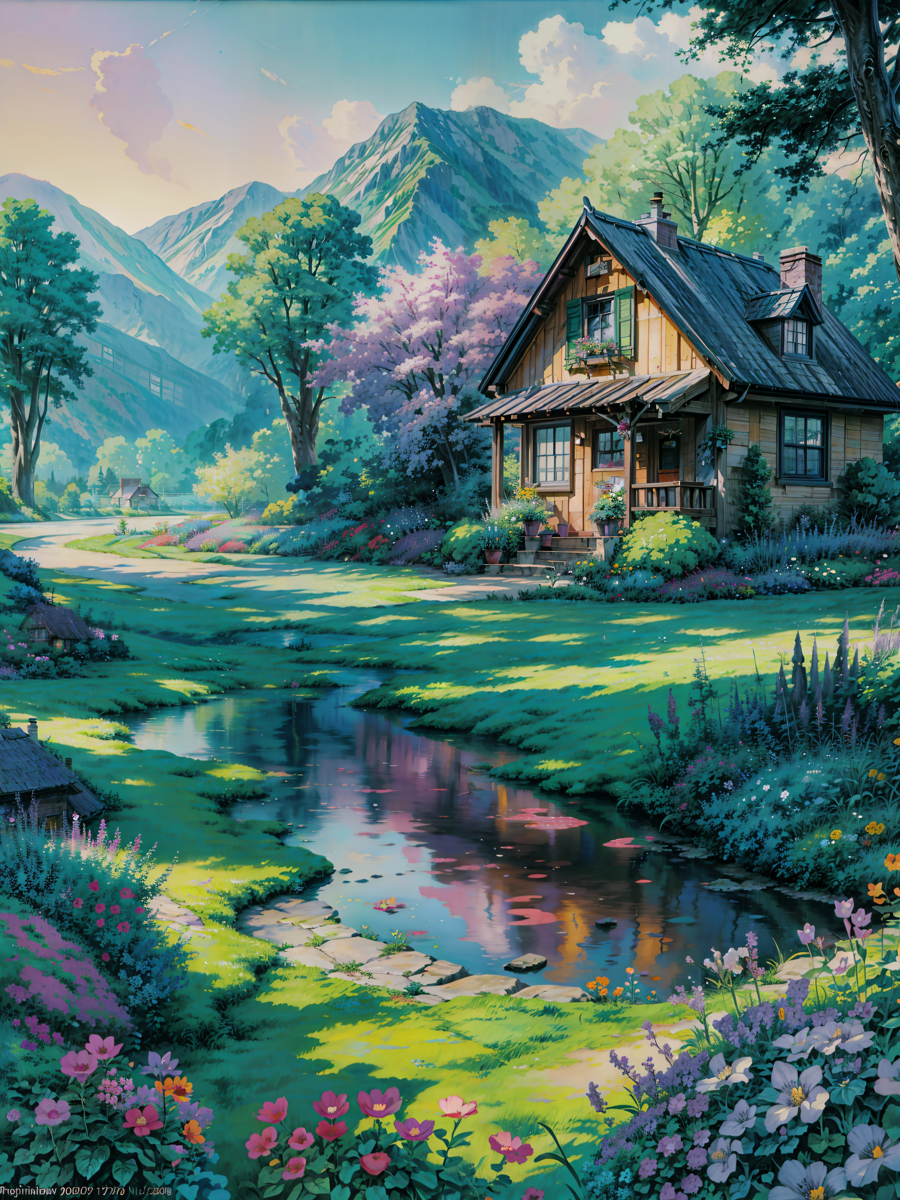 a painting of a house in the middle of a garden, anime beautiful peace scene, purple house, anime nature wallpap, anime scenery, anime nature, house background, flowery cottage, thomas kinkade style painting, style thomas kinkade, studio ghibli environment, style of thomas kinkade, anime landscape, thomas kinkade painting, anime background art, idyllic cottage