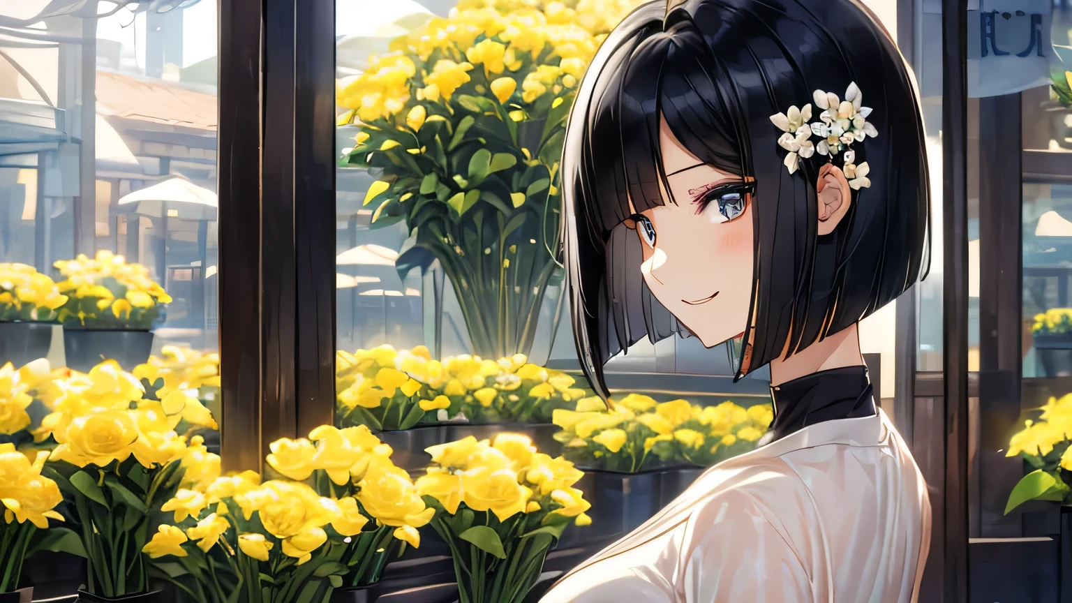 1 female、28 years old、beautiful hair, black hair、shortcut、bob cut、、black knit、beautiful face、big and beautiful eyes、slanted eyes、smile、I'Iは花屋に一人でいる、Admire the flowers、profile