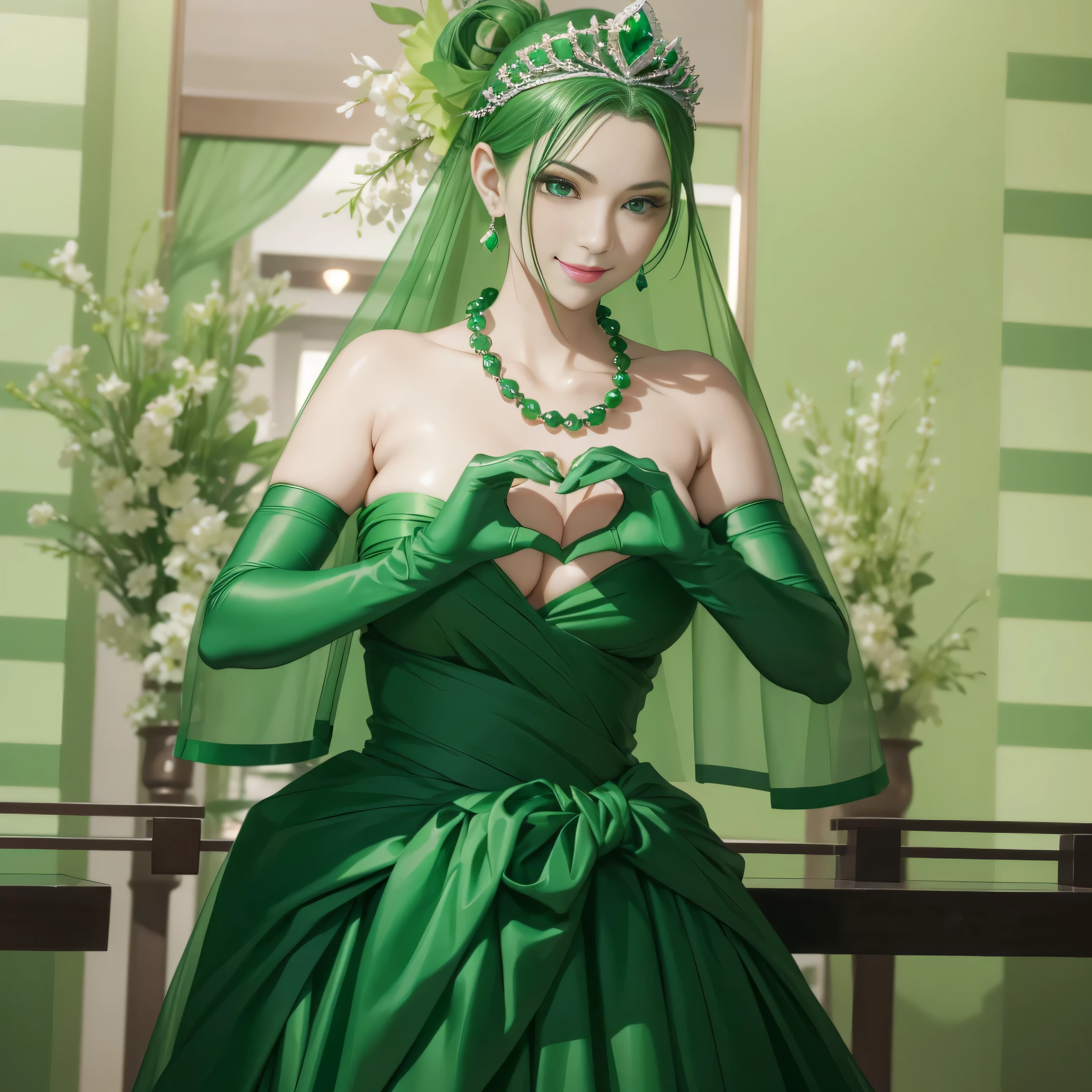 emerald tiara, Green Pearl Necklace, ボーイッシュな非常に短いgreen hair, green lips, smiling Japanese woman, very short hair, Beautiful woman with big breasts, green eyes, green satin long gloves, green eyes, emerald earrings, Green veil, Heart with both hands, green hair, beautiful japanese woman, heart shaped hands:1.3, green lip gloss