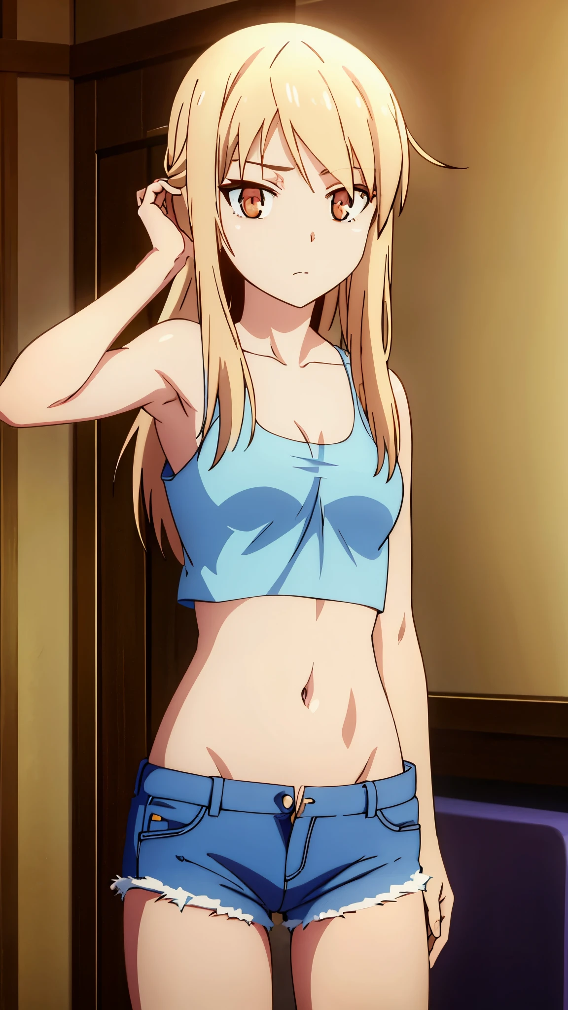 short girl, masterpiece, anime artstyle, highres, solo, 8k, detailed, perfect face, (ultra high quality), looking viewers, armpit, medium breast, cleavage, blonde hair, long hair, red rainbow eyes, belly, stomach, navel, abs, crop tanktop, white tanktop, denim short, mini short, slim body, emotionless, flat face, thigh, at city