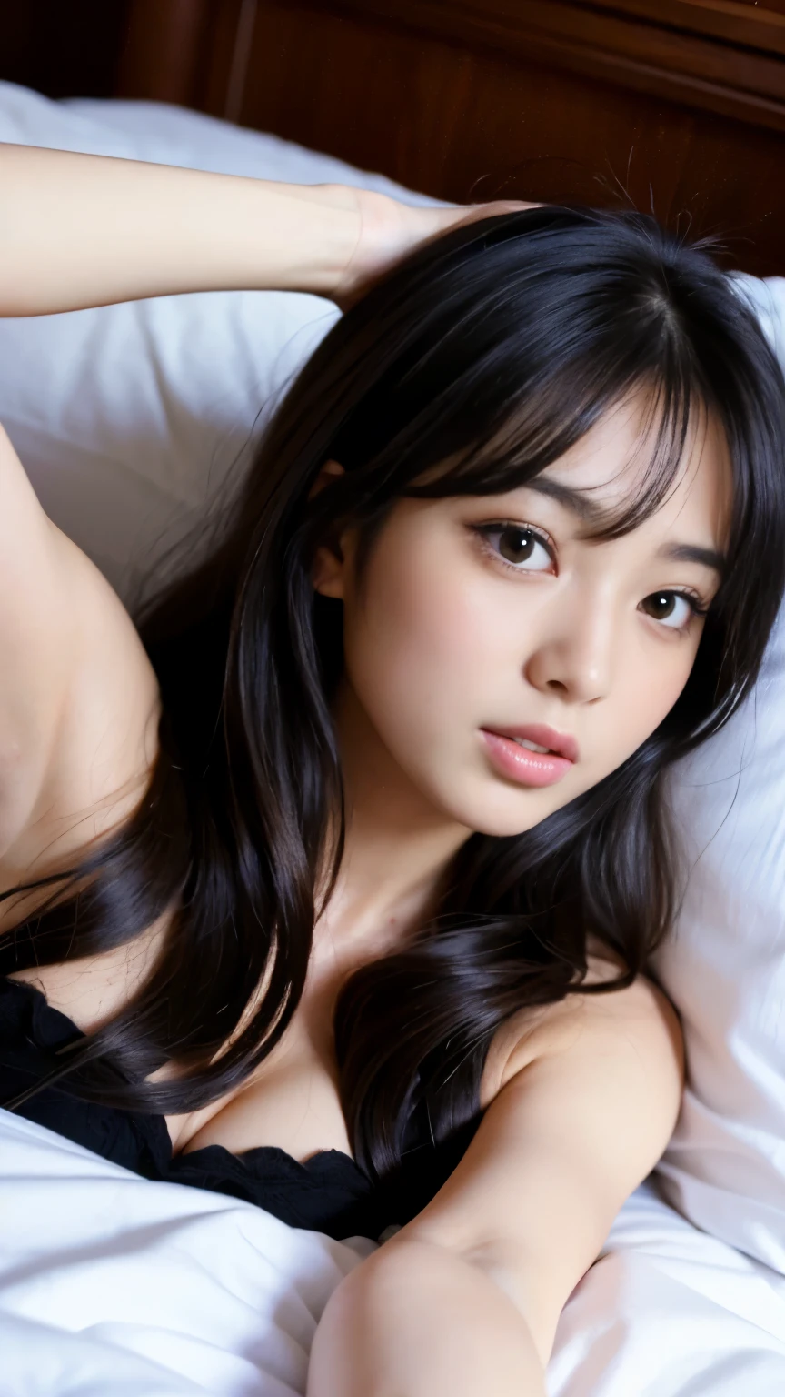 Best-quality, Masterpiece, Ultra-High-Resolution, (Photorealistic:1.4), Raw-Photo, from above, 1girl, the most famous Japanese idol, ((lie down on bed, hands on chest, wearing pajamas with sexy-design, have a orgasm, open mouth), (extremely cute face like the most popular Japanese idol, ((extremely beautiful big-black-eyes, extremely beautiful hair), extremely beautiful skins, extremely beautiful long-eyelashes, extremely beautiful lips