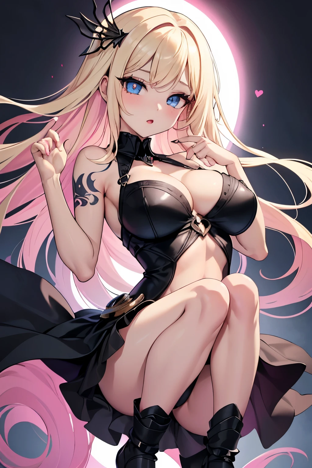 1girl, anime, cute girl, blank background, white background, fantasy, detailed fantasy dress with highlights, beautiful face, beautiful eyes, dark colors, pink hair with some streaks of blue strands, different color pupil in eye, medium small breasts (slightly big), slight cleavage, beautiful skin, cute, breast curtains, extremely delicate and beautiful, (beautiful detailed face:1.0), (detailed deep eyes), symmetrical breasts, deep eyes, shiny skin, portrait, slender waist, hips wider than shoulders, thighs, expressionless, young girl, luminous eyes, adorable，（Kpop idol）,（aegyo sal：1），（Platinum blonde hair：1），（（puffy eye）），Black panty，sexy posture，Superskirt, ultra high resolution，Black collar，slim figure, Abdominal y tattoo, womb tattoo，Tight-fitting leg ring，y tattoo on half-body，Bare skin, Armored hand，Hidden fingertips，Hand covered，Arm covered，Fist covered,{{beautiful detailed fingers}}, tufts of hair, moderate beautiful breast:1.0,