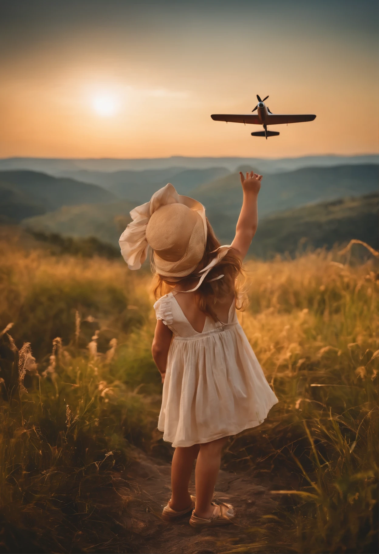 There is a little girl in the field,standing atop a mountain peak,Wearing a flying hat,Holding a toy airplane, HD wallpapers, photo shoot, Pixel, toy photography, High quality upload,, center shot, a great photo, portrait photo, flying airplane, High quality wallpaper, high quality images, lovely photos, Nostalgic photography, ,beautiful high resolution