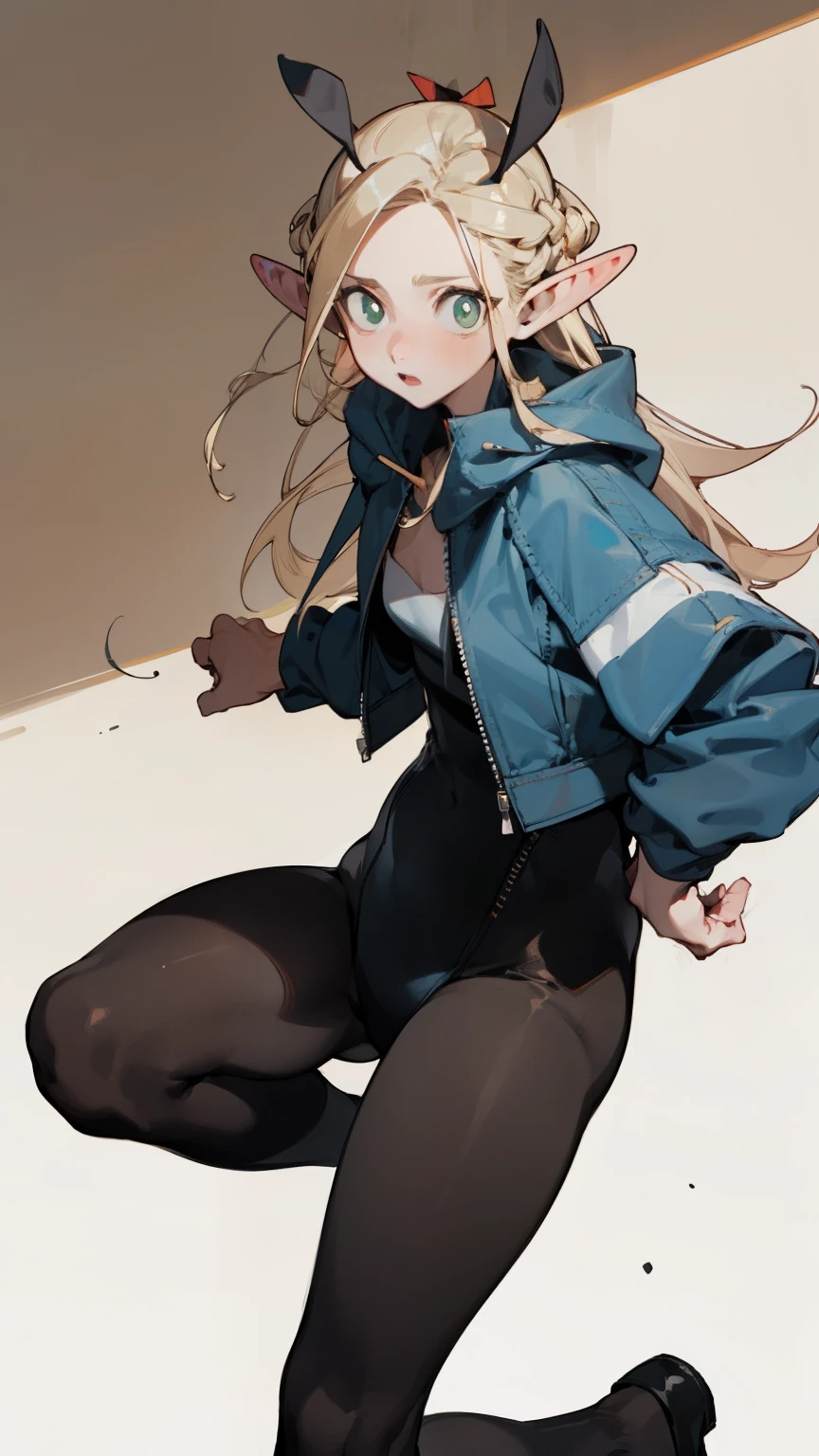 (masterpiece, best quality) detailed, 1character , Wearing black tights, silver accessories , zip up , blonde ,elegant, pointed ears ,bunny girl costume