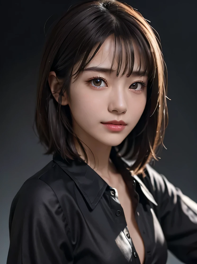 ((masterpiece、highest quality、super detailed、High resolution、sharp focus、cinematic lighting))、(One female、middle shot、face light))、30 years old、small face、no makeup、(fine eyes)、detailed beautiful eyes、bangs、dark brown hair、Boyish short-cut hair、(realistic skin)、beautiful skin、(Detailed garment features)、easy costume、open black shirt、middle breast、cool beauty、Detailed hand depiction、gray background、tifa_lockhart