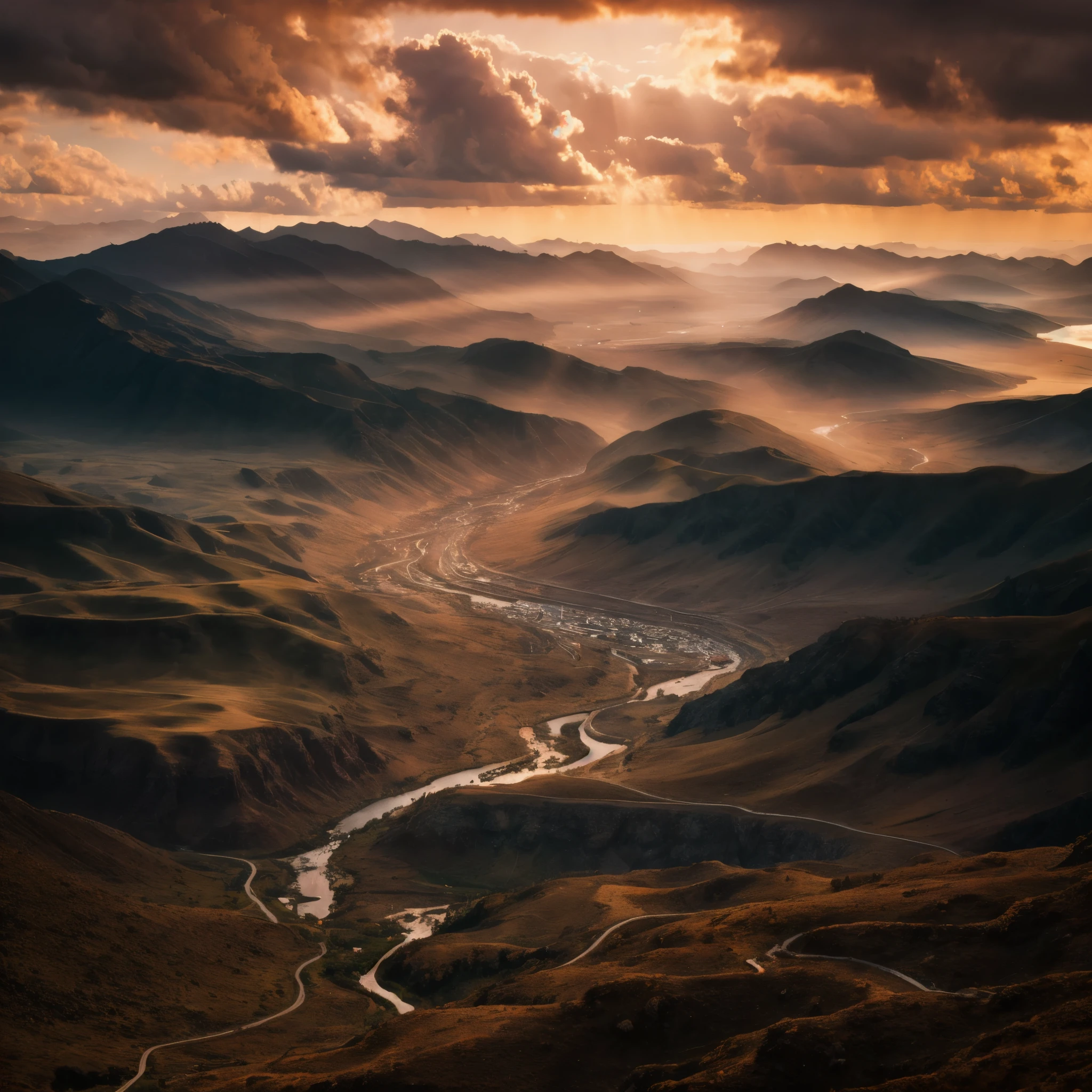 mountains with a river running through them under a cloudy sky, an amazing landscape image, marc adamus, most epic landscape, epic landscape, dreamy landscape, mountainscape, max rive, amazing landscape, a surreal dream landscape, sunset in a valley, ethereal landscape, detailed dreamscape, an epic landscape, breathtaking landscape, aenami alena