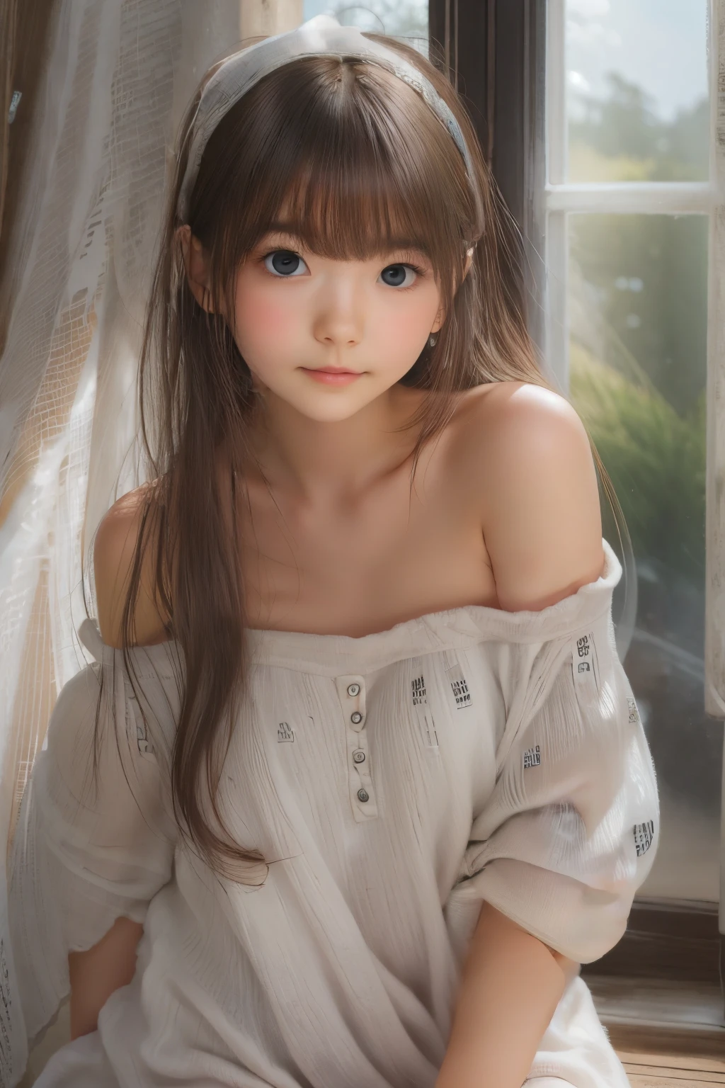 Ultra High Resolution, (Realistic: 1.4), RAW Photo, Best Quality, (Photorealistic), Focus, Soft Light, (()), ((Japanese)), (Front, Young Face))), (Depth of Field), (One Piece), Masterpiece, (Photoreal), Woman, Bangs, (( off-the-shoulder top, Bedroom, 1 Girl))