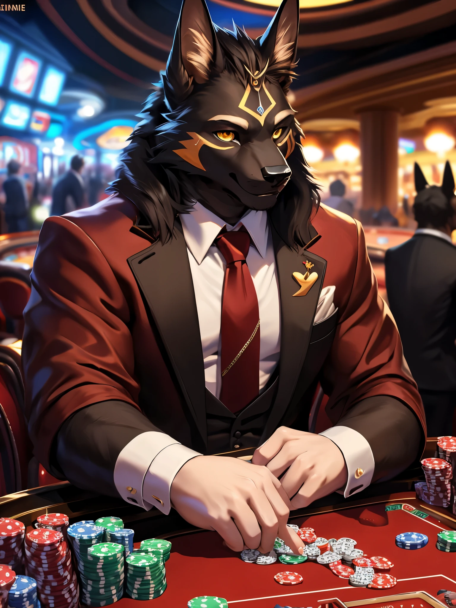 posted on e621, (by Chunie), male, furry, Anubis anthro, Black fur, solo, Yellow eyes, (Realistic eye details 1.2), casino, Black suit, Red tie, win the game, Poker Texas hold'em, Five-card draw, Omaha hold'em), the place is busy with people around the casino, Slim body, full body like, Abstract beauty, ultra detailed face, depth of field, motion blur, high details, high quality, award winning, HD, 16k, (best quality,4k,8k,highres,masterpiece:1.2),ultra-detailed,realistic:1.37,HDR,UHD,studio lighting,extreme detail description,professional,vivid colors,bokeh,lively atmosphere, natural lighting