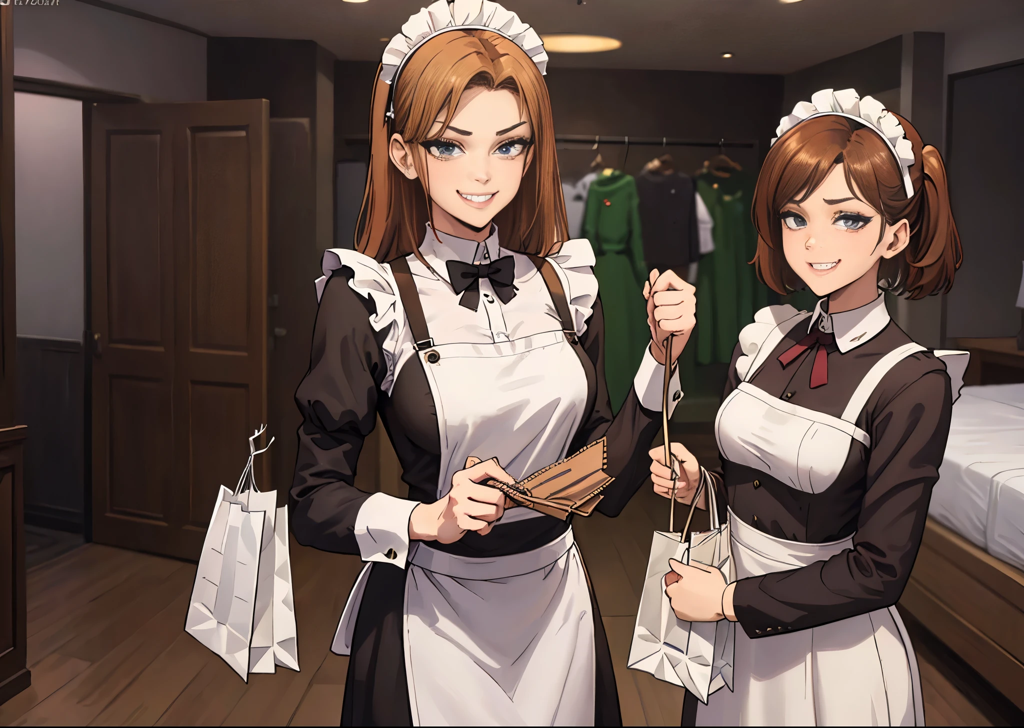 (wearing maid outfit:1.3), (holding shopping bags:1.5) (lustful smirking face expression:1.3), bedroom background