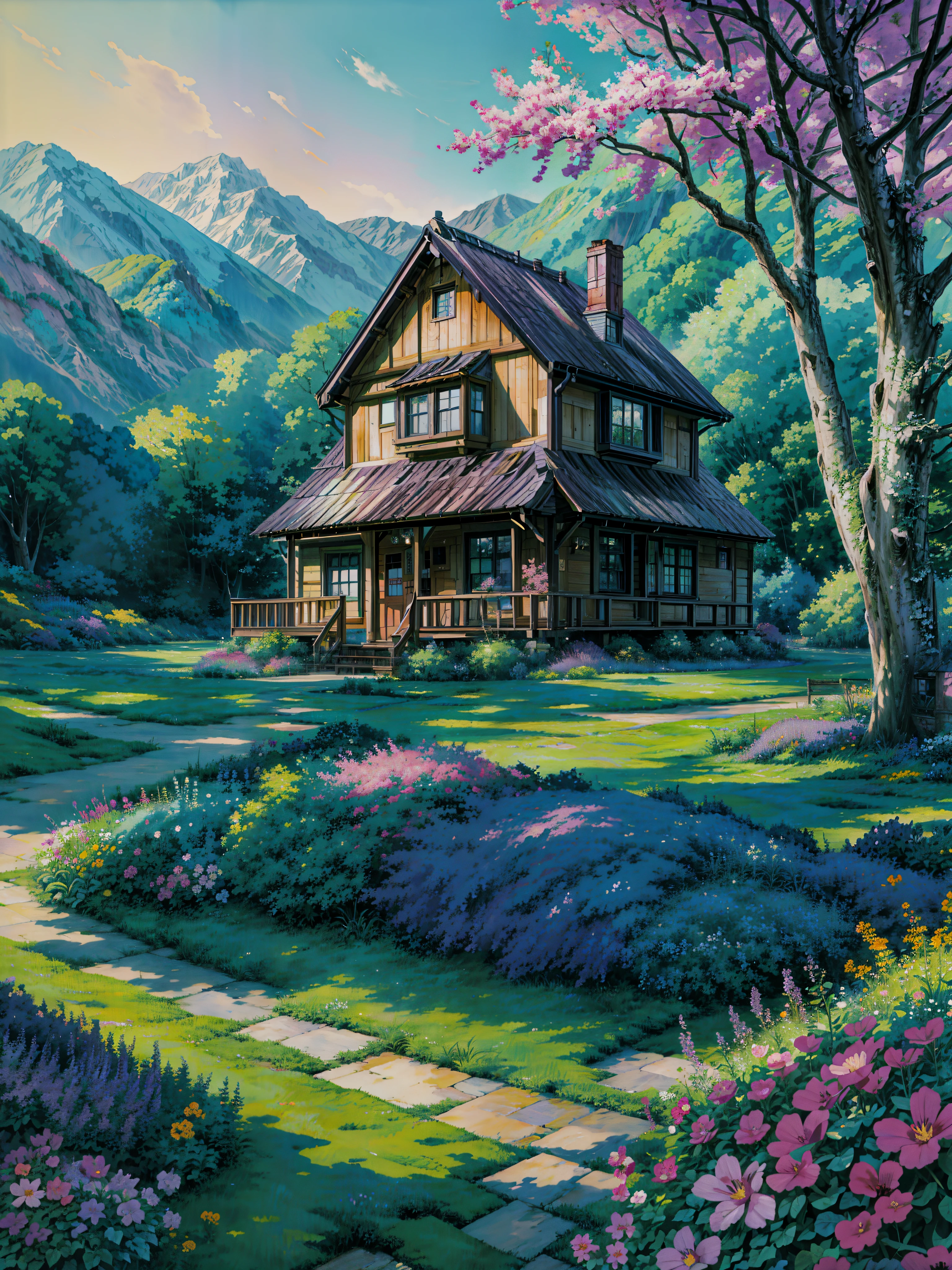 a painting of a house in the middle of a garden, anime beautiful peace scene, purple house, anime nature wallpap, anime scenery, anime nature, house background, flowery cottage, thomas kinkade style painting, style thomas kinkade, studio ghibli environment, style of thomas kinkade, anime landscape, thomas kinkade painting, anime background art, idyllic cottage