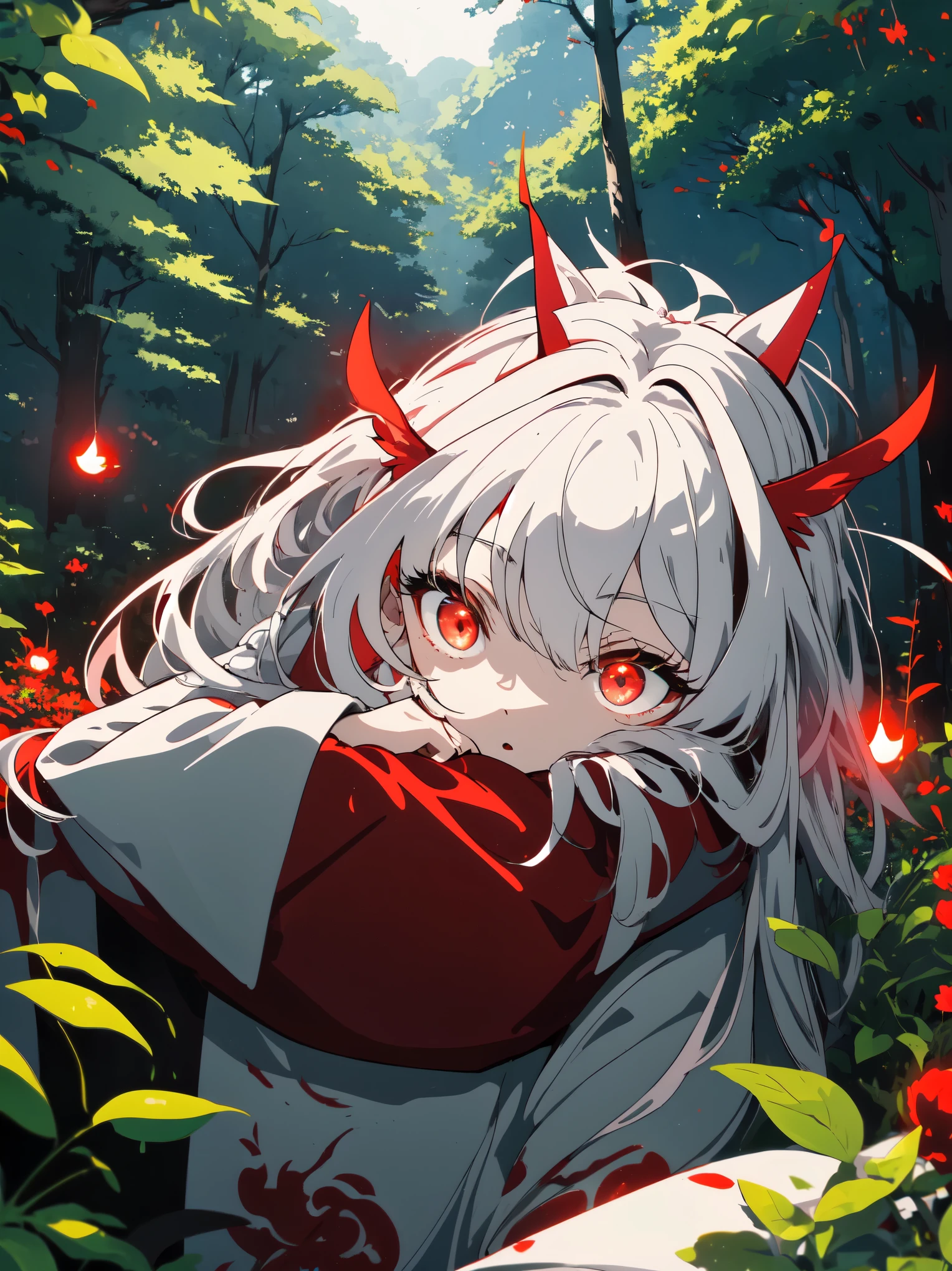 ((highest quality、masterpiece、glowing red eyes、be familiar with))、beautiful face、white cat ears、long gray hair、red cheongsam、Sitting anime style 、yawning、(sleeping curled up in the grass)、Bright day、in the forest、beautiful anime、nature background