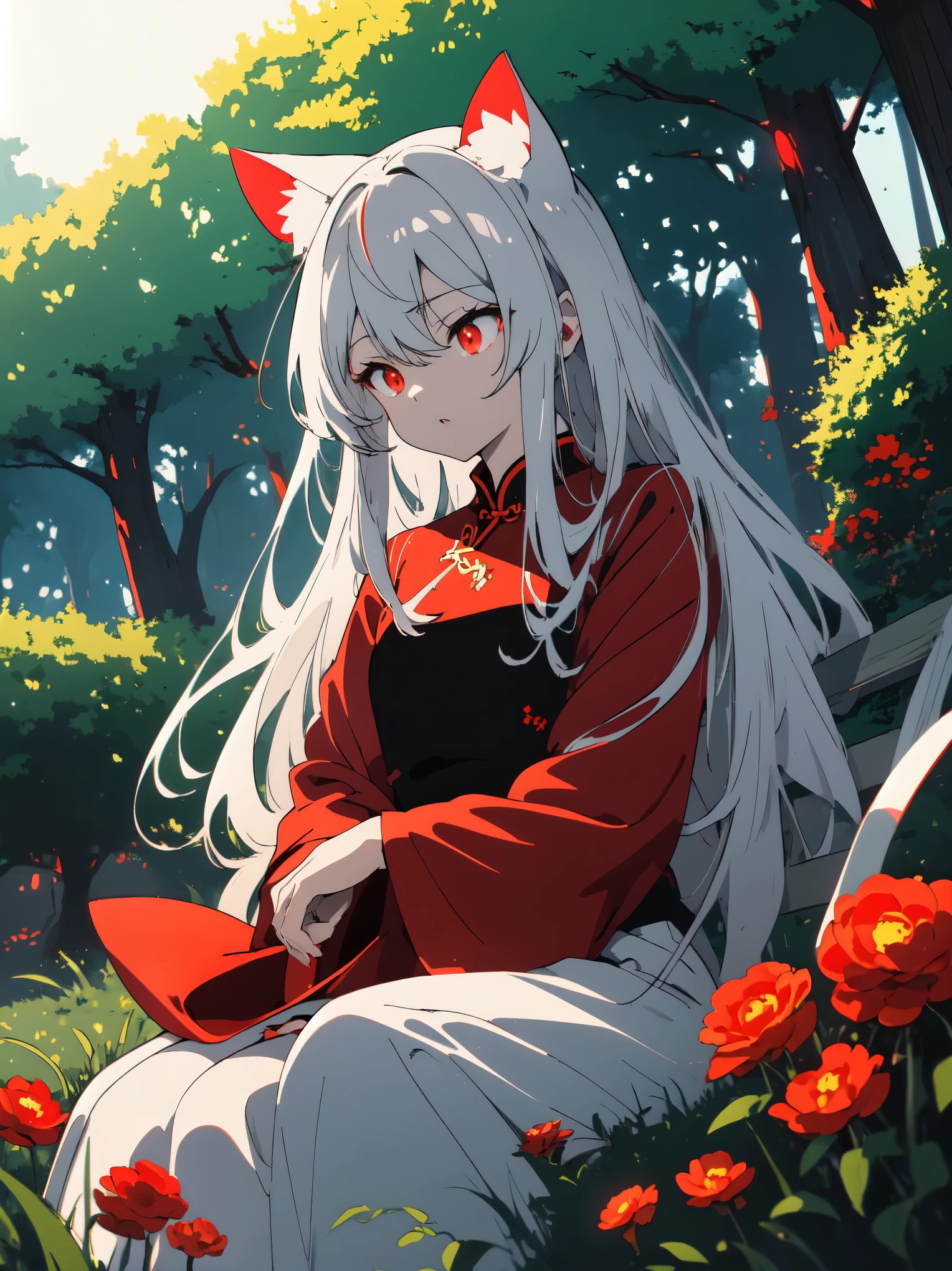 ((highest quality、masterpiece、glowing red eyes、be familiar with))、beautiful face、white cat ears、long gray hair、red cheongsam、Sitting anime style 、yawning、(sleeping curled up in the grass)、Bright day、in the forest、beautiful anime、nature background