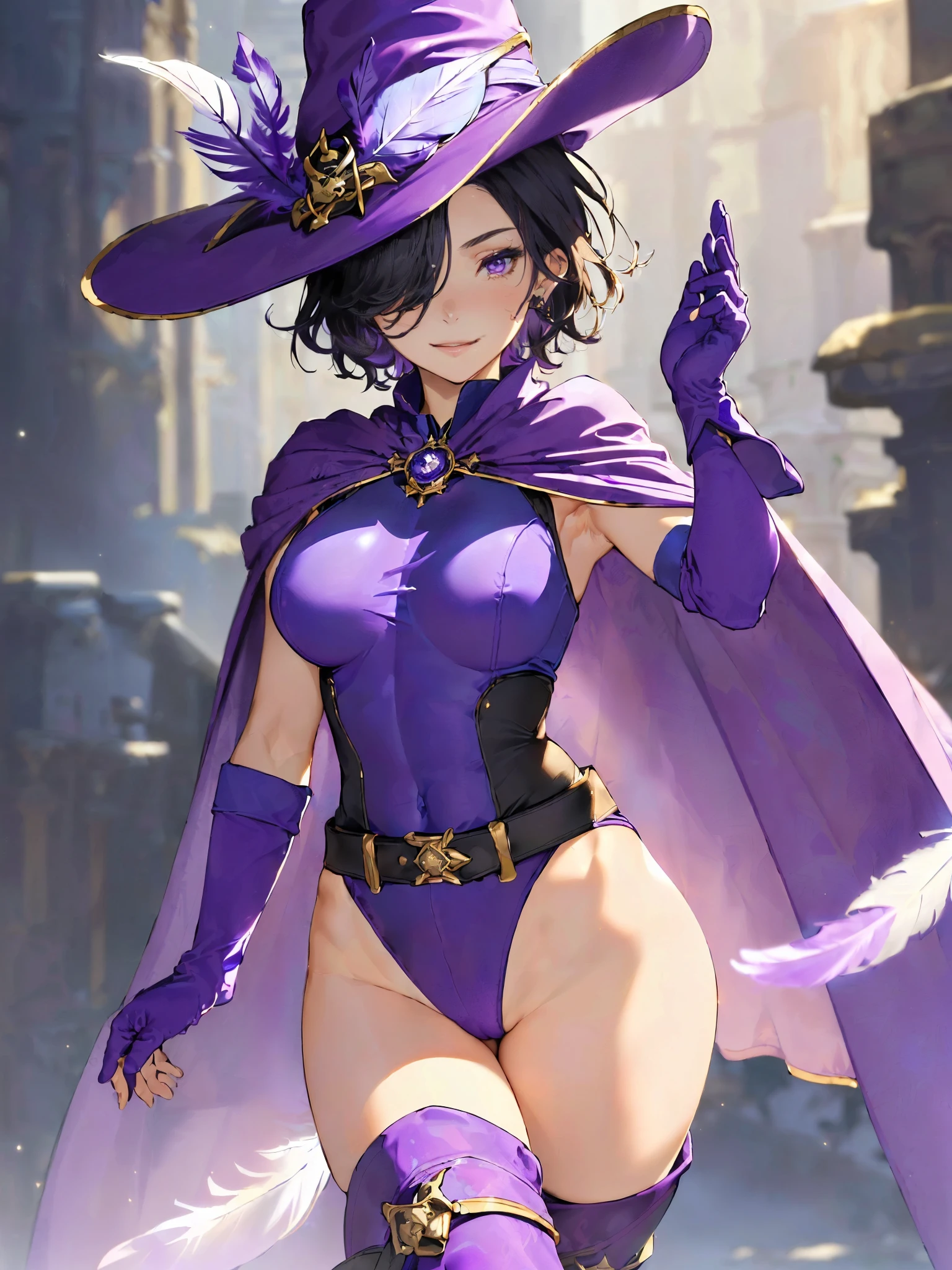 (masterpiece, best quality, high quality, highres:1.4), detailed, extremely detailed, ambient soft lighting, 4K, 1girl, (mature female, milf:1.2), (short hair, black hair, hair over one eye:1.3), (purple eyes, confident smirk:1.2), medium breasts, (edgmousquetaire, costume, gloves, cape, boots, pirate, space pirate, matching boots, matching gloves, large hat, purple hat, feather on hat, wearing edgmousquetaire, leotard, purple leotard, tight belt:1.3), hand on hips, confident pose, outer space backdrop, bare legs, solo, solo focus, ((body surrounded my magic)), light particles, (beautiful detailed eyes)