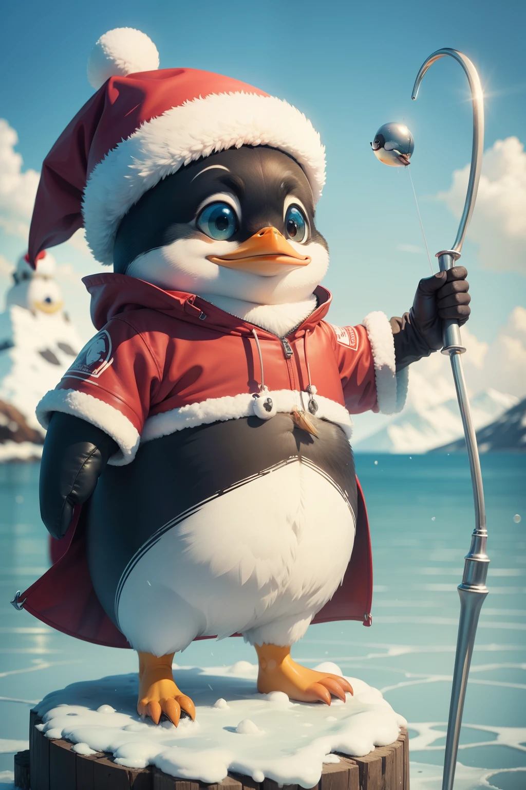 penguin standing on ice,have a fishing rod,wearing a red fisherman's hat,happy expression,very cute,Highly saturated cartoon style image,Can be used as an avatar in casual games