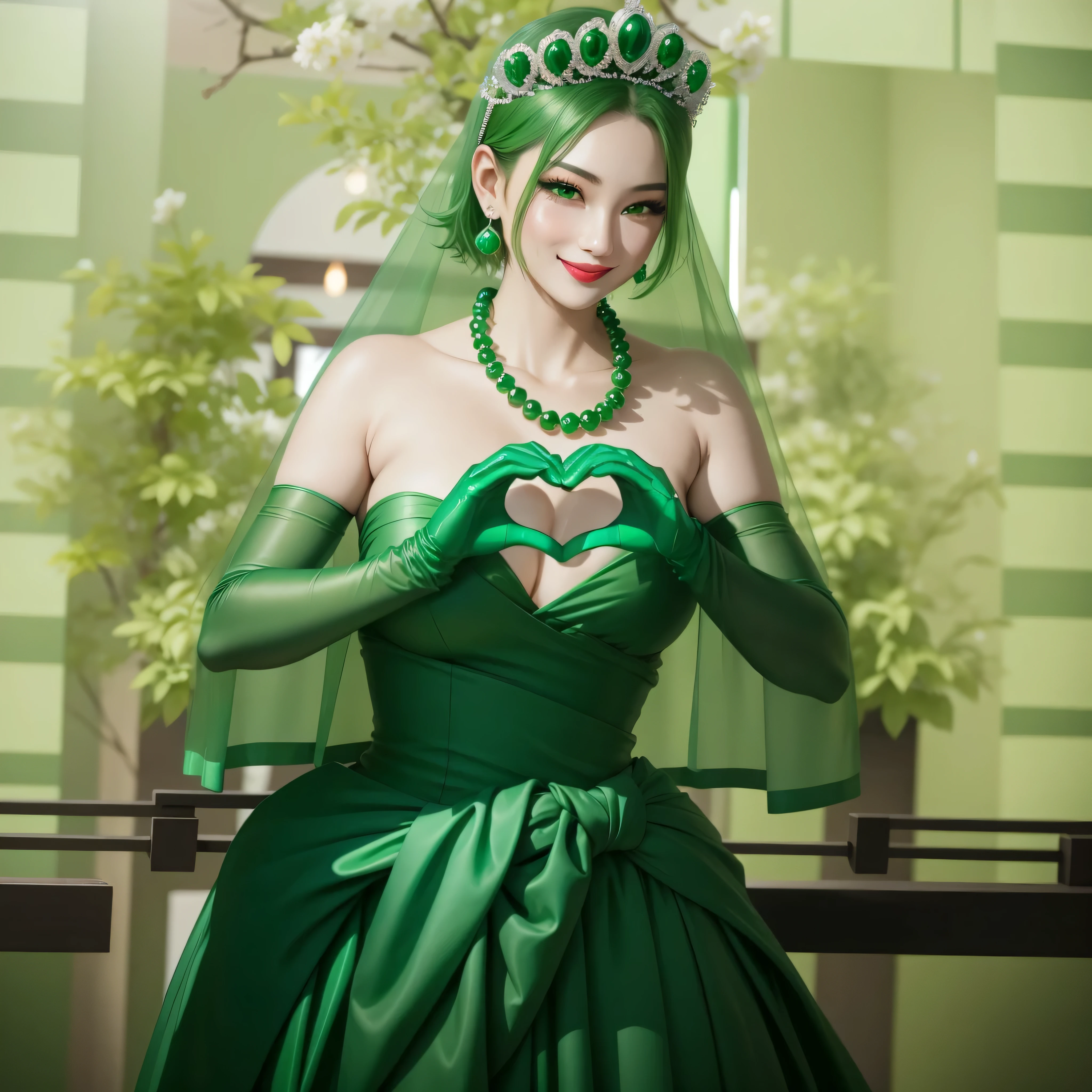 emerald tiara, Green Pearl Necklace, ボーイッシュな非常に短いgreen hair, green lips, smiling Japanese woman, very short hair, Beautiful woman with big breasts, green eyes, green satin long gloves, green eyes, emerald earrings, Green veil, Heart with both hands, green hair, beautiful japanese woman, heart shaped hands:1.3, green lip gloss