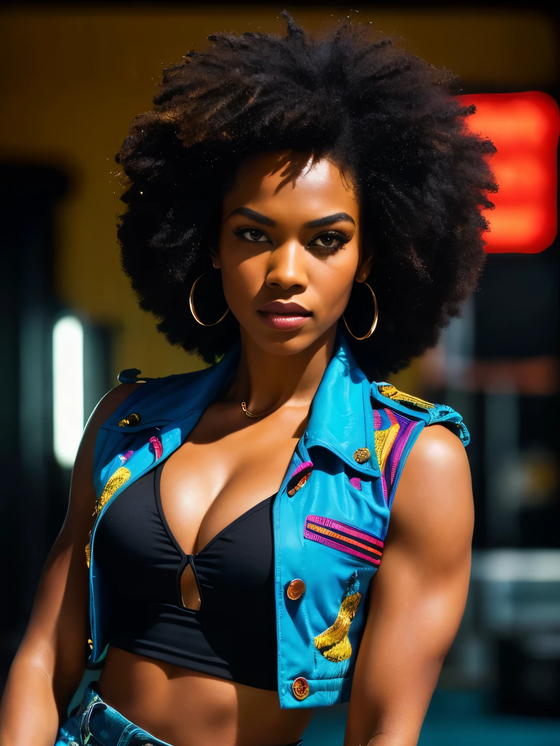 (best quality,4k,8k,highres,masterpiece:1.2),ultra-detailed,(realistic,photorealistic,photo-realistic:1.37), vibrant colors, dynamic lighting, cinematic feel, action-packed, powerful presence, iconic cinematic heroine, fierce and fearless, powerful expression, confident gaze, stunning beauty, captivating pose, retro-inspired, vintage vibes, 70s fashion, stylish afro, fashionable ensemble, vibrant backdrop, energetic atmosphere, intense mood, soulful eyes, commanding presence, strong personality, action movie poster, captivating charm, badass attitude, striking features, fierce persona, charismatic aura, engaging composition, visually stunning, depth and texture, alluring beauty, movie star charisma, retro coolness, powerful and stylish, explosive energy, intense color palette, dramatic lighting, iconic fashion sense, strong and independent, timeless beauty