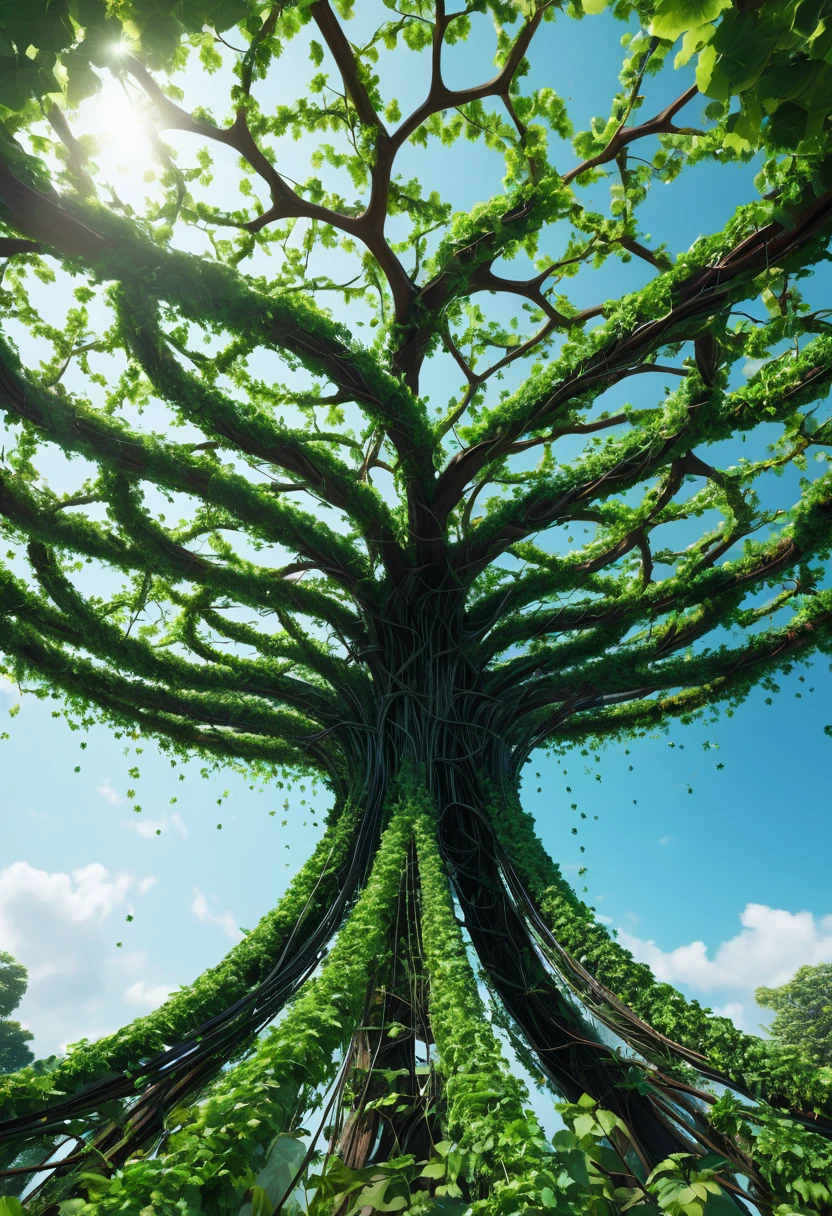 Multiple vines intertwine to form a large tree-like structure reaching to the sky, science fiction, 8K images