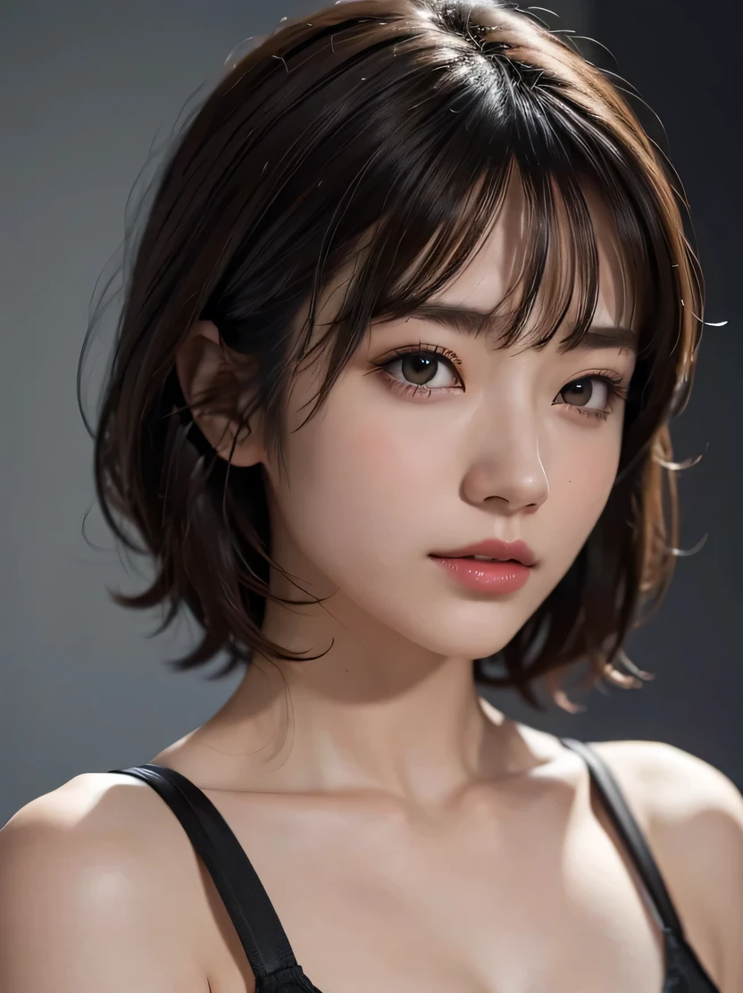 ((masterpiece、highest quality、super detailed、High resolution、sharp focus、cinematic lighting))、(One female、middle shot、face light))、30 years old、small face、no makeup、(fine eyes)、detailed beautiful eyes、bangs、dark brown hair、short cut hair、(realistic skin)、beautiful skin、(Detailed garment features)、open white shirt、middle breast、cool beauty、gray background、tifa_lockhart