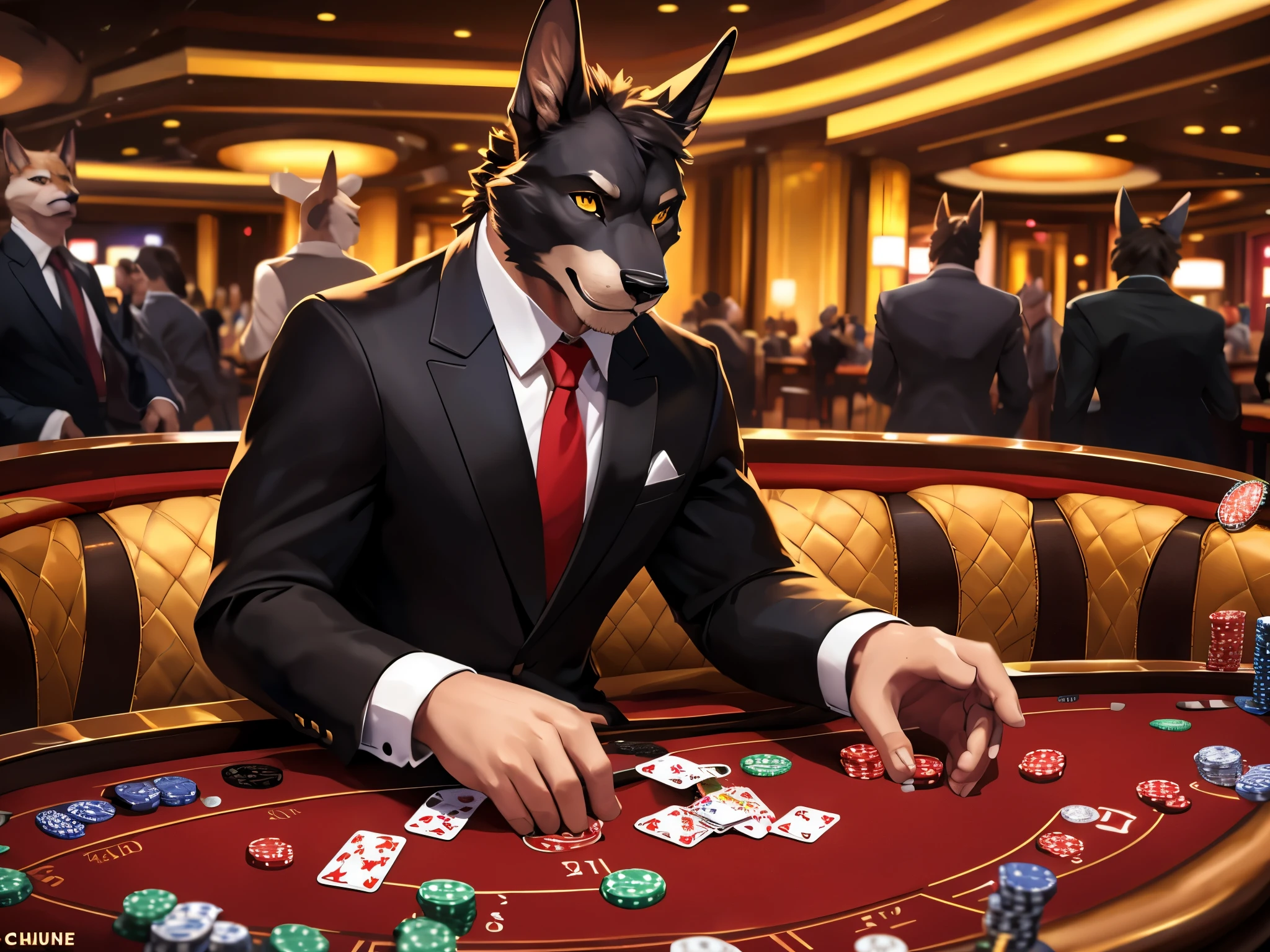 posted on e621, (by Chunie), male, furry, Anubis anthro, Black fur, solo, Yellow eyes, (Realistic eye details 1.2), casino, Black suit, Red tie, win the game, Poker Texas hold'em, Five-card draw, Omaha hold'em), the place is busy with people around the casino, Slim body, full body like, Abstract beauty, ultra detailed face, depth of field, motion blur, high details, high quality, award winning, HD, 16k, (best quality,4k,8k,highres,masterpiece:1.2),ultra-detailed,realistic:1.37,HDR,UHD,studio lighting,extreme detail description,professional,vivid colors,bokeh,lively atmosphere, natural lighting