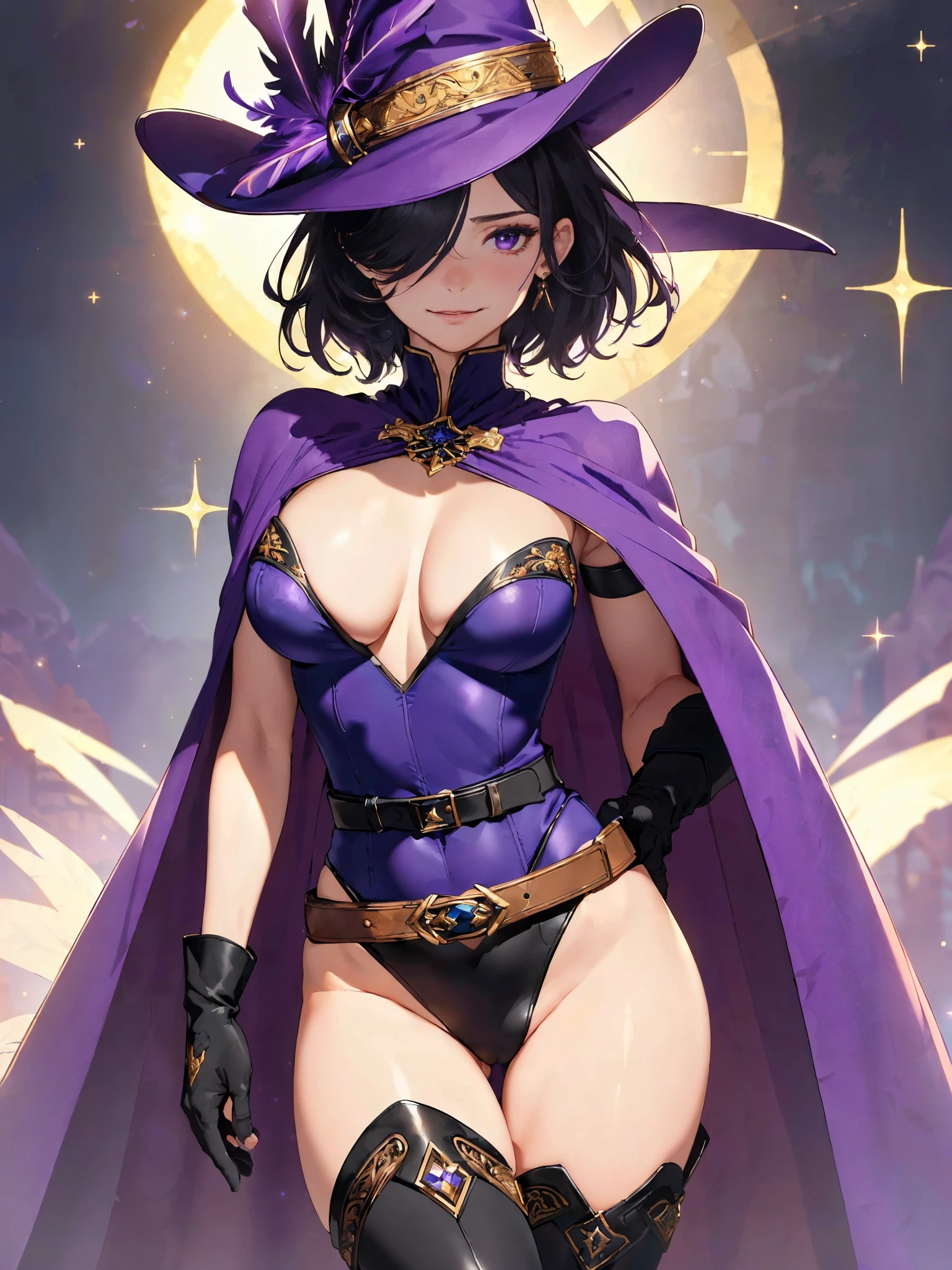 (masterpiece, best quality, high quality, highres:1.4), detailed, extremely detailed, ambient soft lighting, 4K, 1girl, (mature female, milf:1.2), (short hair, black hair, hair over one eye:1.3), (purple eyes, confident smirk:1.2), medium breasts, (edgmousquetaire, costume, gloves, cape, boots, pirate, space pirate, matching boots, matching gloves, large hat, purple hat, feather on hat, wearing edgmousquetaire, leotard, purple leotard, tight belt:1.3, v-belt), hand on hips, confident pose, outer space backdrop, bare legs, solo, solo focus, ((body surrounded my magic)), light particles, (beautiful detailed eyes)