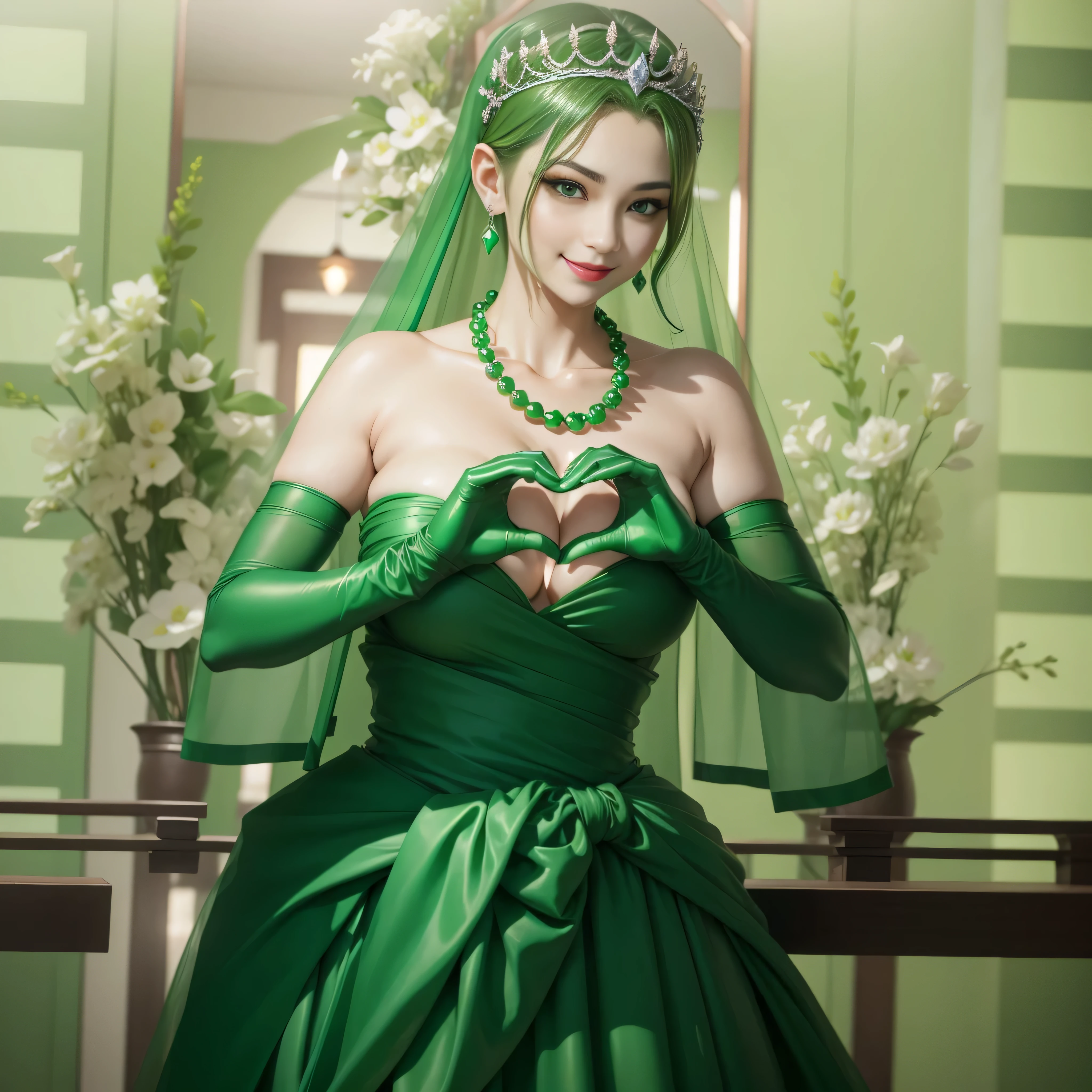 emerald tiara, Green Pearl Necklace, ボーイッシュな非常に短いgreen hair, green lips, smiling Japanese woman, very short hair, Beautiful woman with big breasts, green eyes, green satin long gloves, green eyes, emerald earrings, Green veil, Heart with both hands, green hair, beautiful japanese woman, heart shaped hands:1.3, green lip gloss