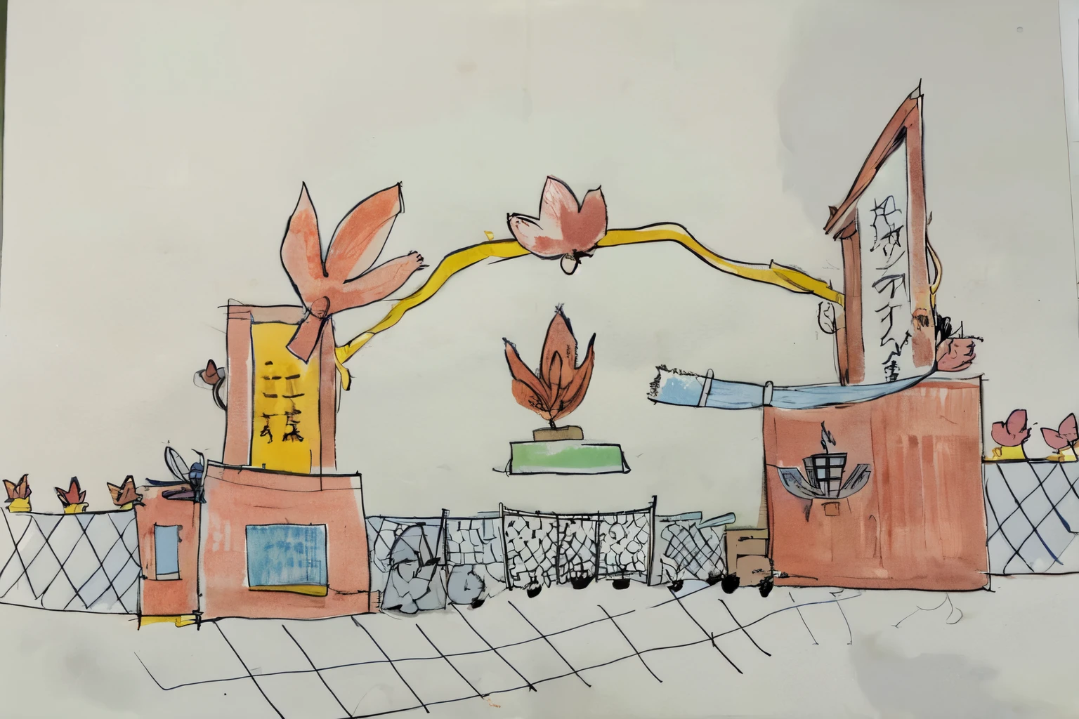 Draw the school gate，Make logo with maple leaf，There are potted plants and fences inside, According to the picture, Inspired by Torii Kiymoto, Naka Bokunen, author：by Oka Yasutomo, author：Ayako Rokkaku, Inspired by Yoshida Toshi, Inspired by Kiyomasa Torii, children&#39;s drawings, author：Toshiro Nishida