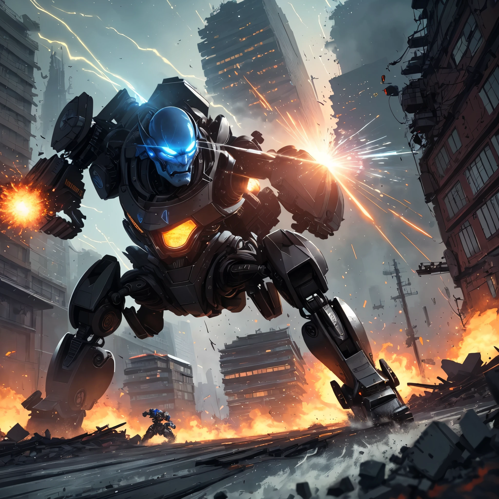 (best quality,4k,highres), (realistic:1.37), ultra-detailed, (professional), (vivid colors), (bokeh), vintage paper texture, Wu Guanzhong's art style, dynamic brush strokes, intense battle scene, intricate details, power-packed punches and kicks, towering buildings crumbling, vibrant explosions, energy bolts and beams, sparks and smoke, dramatic lighting, intense facial expressions, determined robot pilot, menacing alien beast, epic struggle of good vs evil, frenetic action, deep perspectives, attention to anatomy and proportions