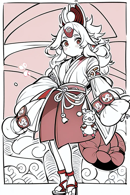 Cartoon image of red and green bells with white hair, Vector art inspired by Toshu Sai Sharaku, reddit, creation, villain wearing a red Demon Mask, Tengu Mask, momoshiki ōtsutsuki, kabuki mask, Demon Mask, japanese mascot, Japanese god, umamusume, Samurai Mask　Vtuber Anime girl with pink hair standing in front of a pink wall, this, very very cute, cutest stickers ever, pink iconic character, umamusume, banner, Cute HQ rendering, cute girl anime visual, magical girl anime mahou shojo, rorish, Luan cute Vtuber, Cute decora rainbow core, Cute atmosphere　Xin Haicheng
